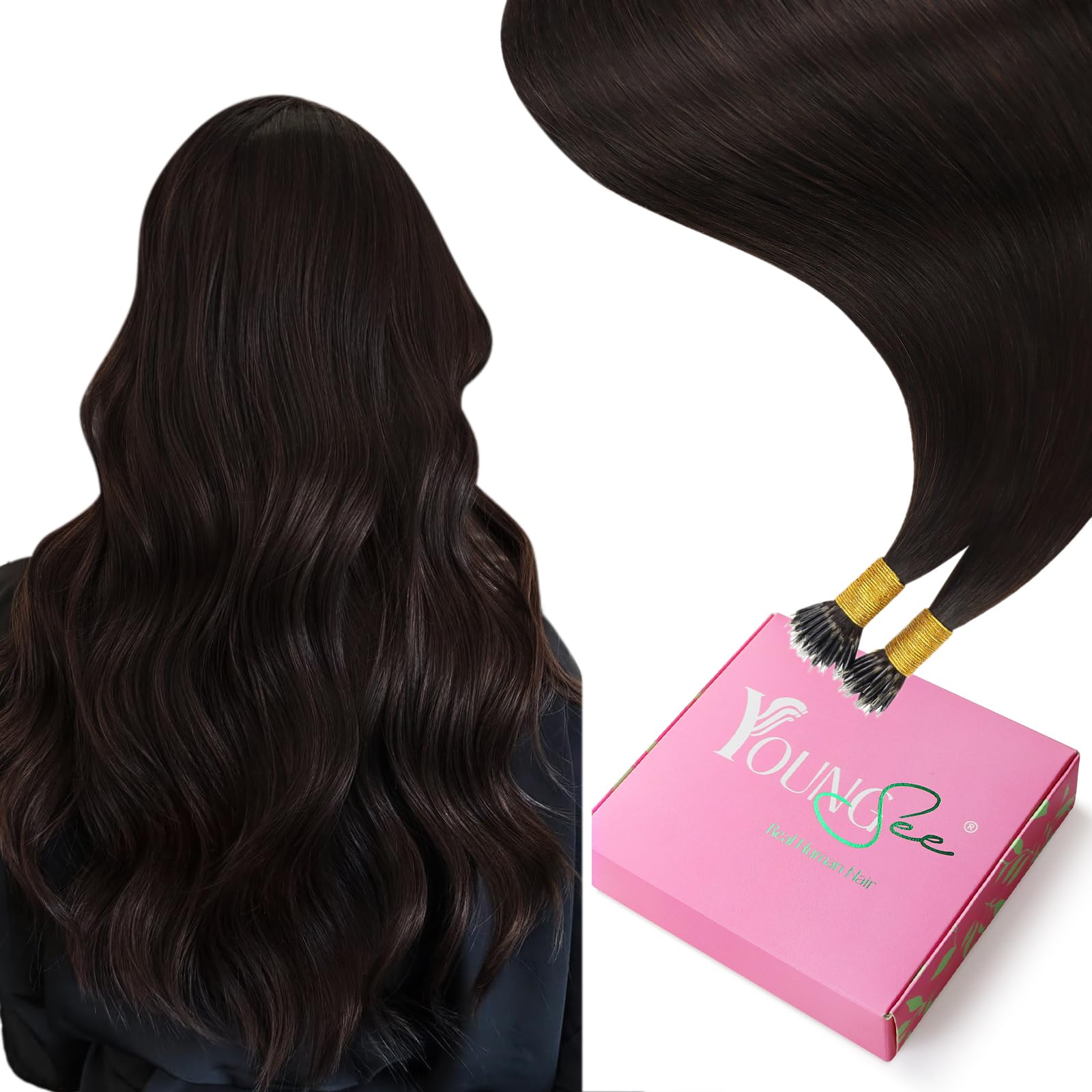 YoungSee Nanoring Extensions Echthaar Braun 40 cm Nanoring Hair Extensions Nano Ring Extension Echthaar Nano Haarverlängerung Beads Hair Extension Dunkelbraun für Damen 50g 2