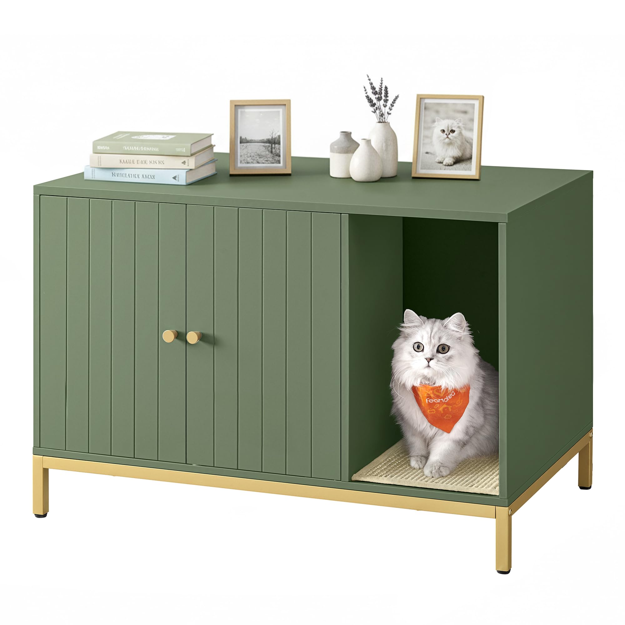 Feandrea Cat Litter Box Enclosure, Hidden Litter Box Furniture with Scratch Pad, Front Entry, Double Cabinet Doors, Modern Style, 31.5" Cat House Washroom Side End Table, Forest Green and Gold