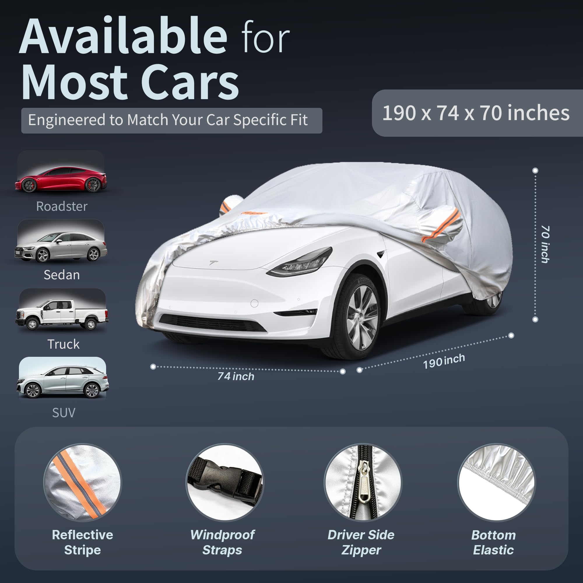 Car Cover Waterproof All-Weather,Heavy-Duty Outdoor Full Exterior Automobiles Snow Cover for SUV 181-190 inch,with Sun Visor,Anti-Scratch Cotton Lining & Zippered,Towel&Storage Bag — view 3