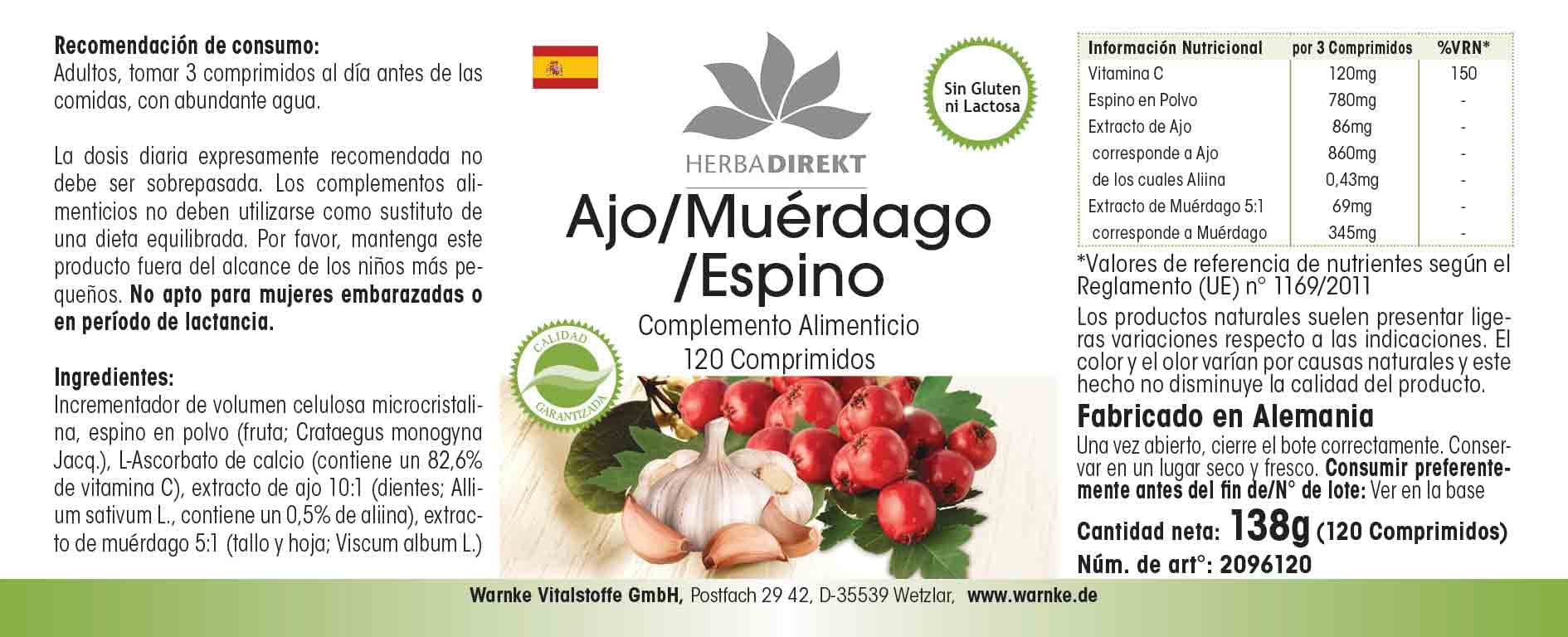 Biancospino vischio d'aglio - 120 compresse con vitamina C, altamente dosato, vegano | HERBADIREKT by Warnke Vitalstoffe - Qualità da farmacia tedesca
