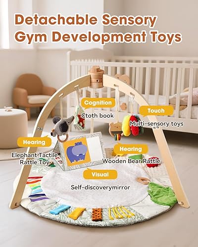 Miniatura 4 de Tapete de madera para gimnasio para bebés, antideslizante, para el tiempo boca abajo y la actividad, 5 zonas de desarrollo y 6 juguetes sensoriales