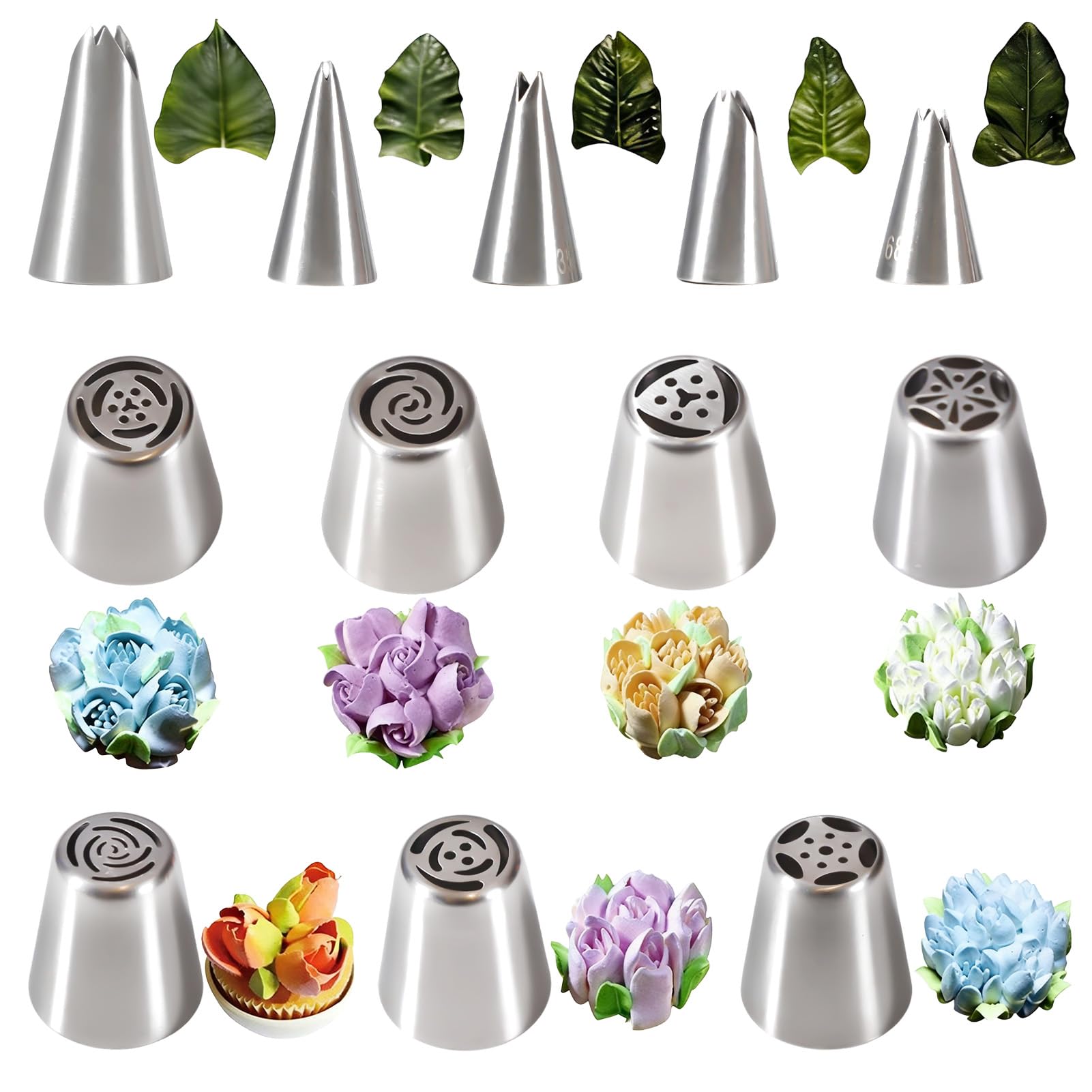 12 Pcs Russian Piping Nozzles, Stainless Steel Leaf and Flower Frosting Nozzles, Russian Piping Tips Set for Cake Decorating Icing Cream Flower Bouquet DIY Cookies
