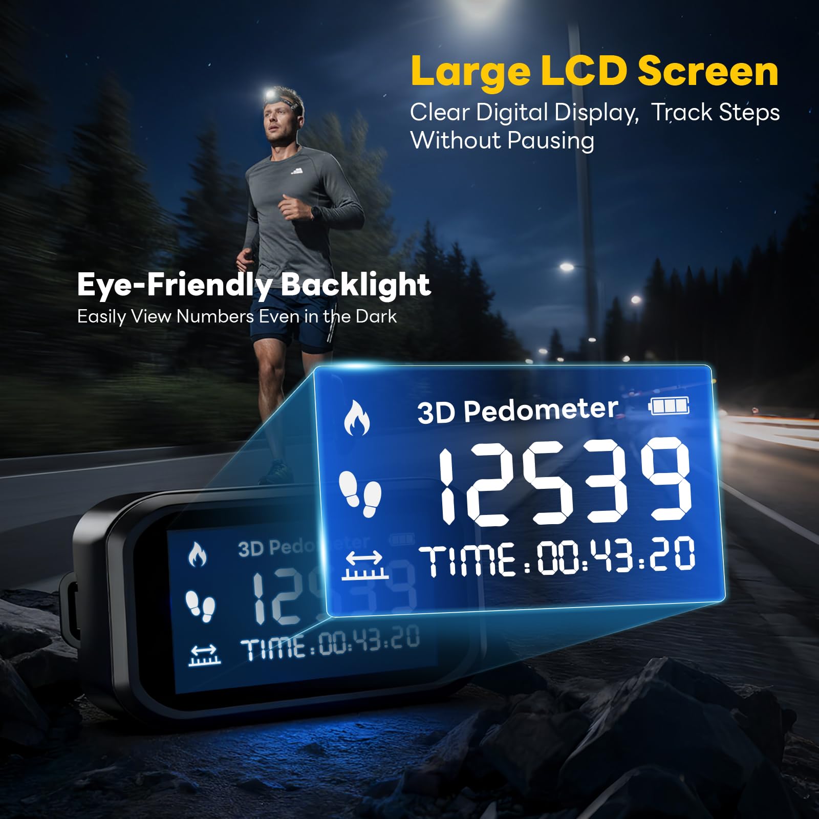 3D Podometre Non Connecté, Podomètre Précis à Clipser, Podometre Marche Pas et KM Calories, Compteur de Pas avec Grand Écran LCD, pour Marche, Course, Jogging, Randonée