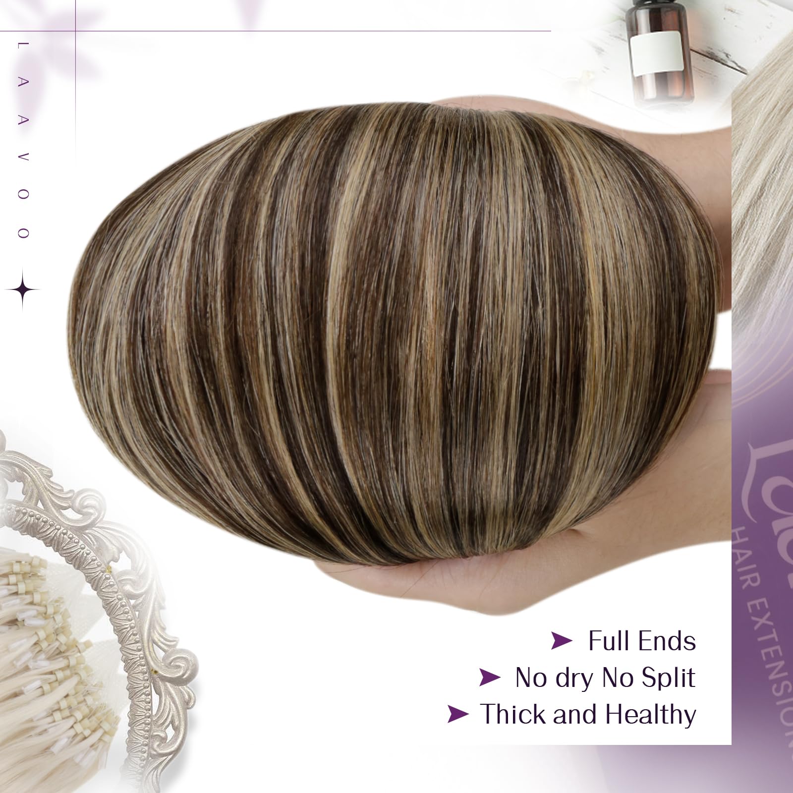 LaaVoo Blonde Micro Loop Hair Extensions Real Human Hair 24 Inch Remy Straight Balayage Dark Brown Mix Caramel Blonde Invisible Micro Ring Hair Extensions 50g 50s #4/27/4 - Image 4