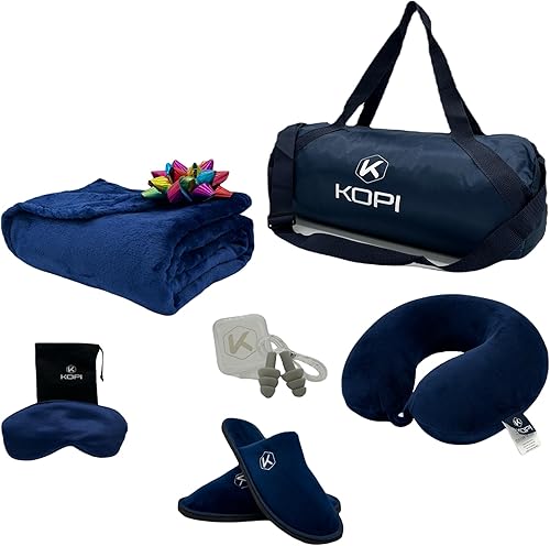 KOPI - Manta y almohada de viaje. El juego de viaje más completo y premium con espuma viscoelástica de almohada, máscara para dormir y más, incluye