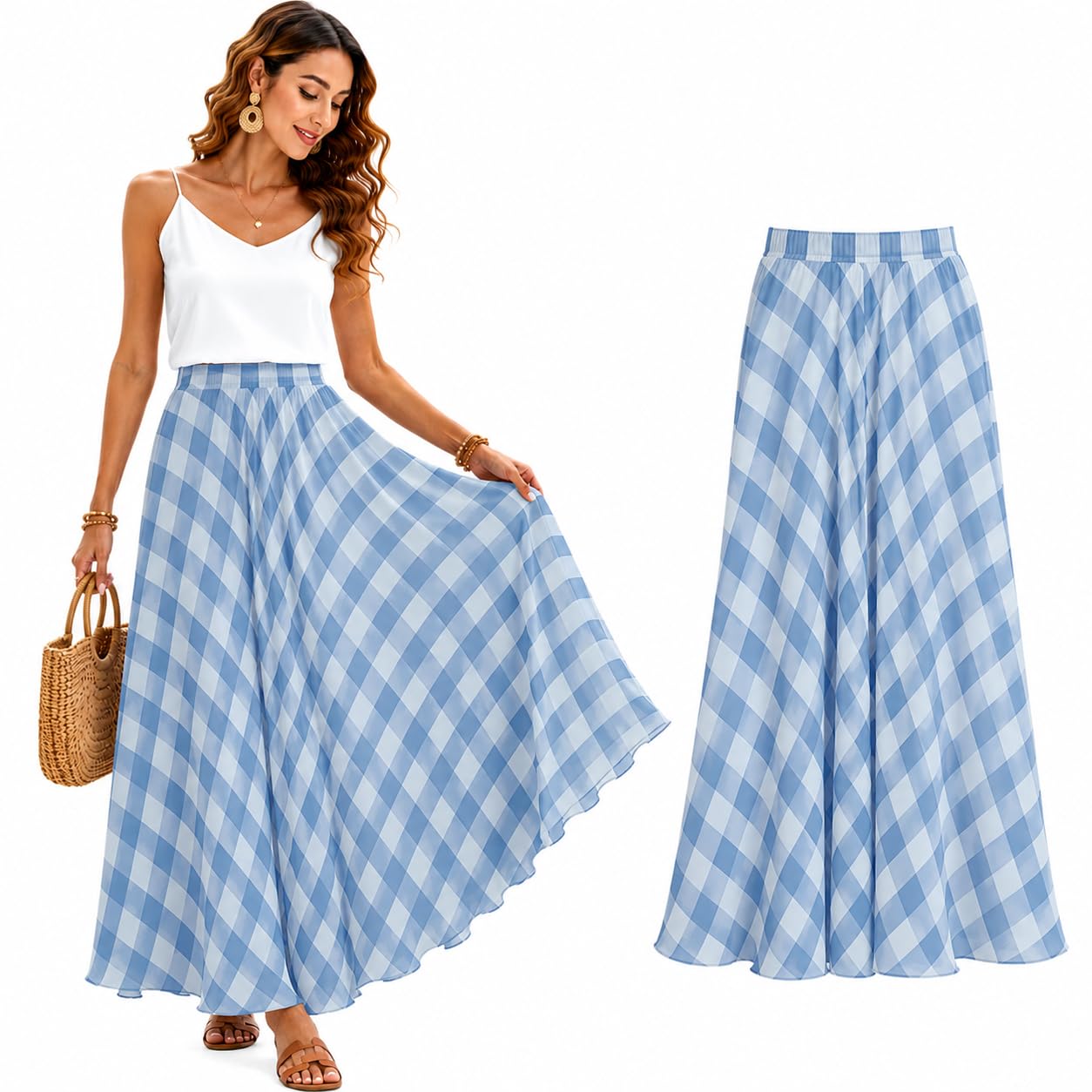 Cemssitu Women's Light Blue Boho Skirts For Gingham Plaid Maxi Skirt, Flowy A-Line Elastic Waist Summer Beach Skirt (,M)
