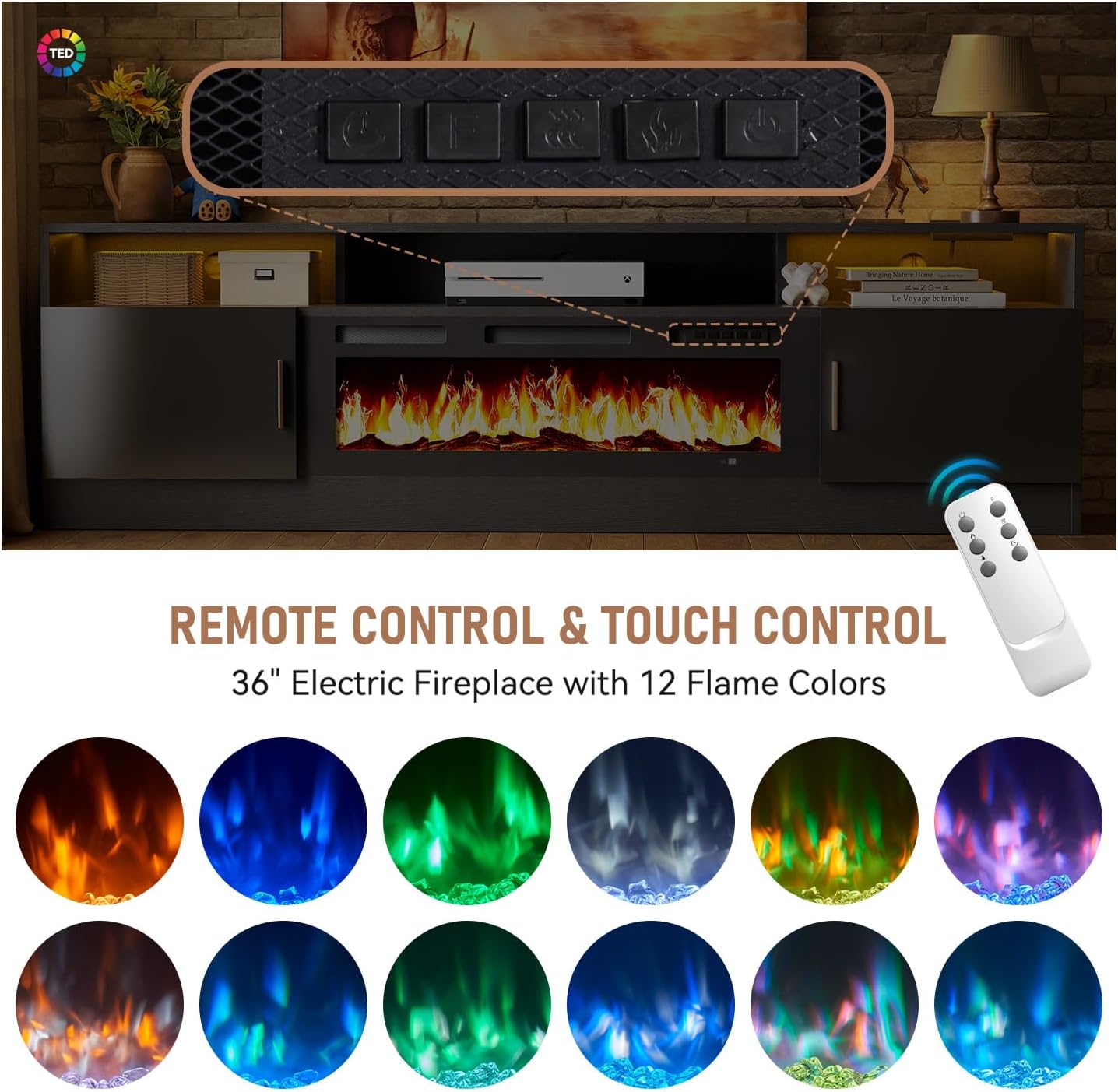 MXV 70" Fireplace TV Stand with Power Outlet for TVs UP to 80", Electric Fireplace Entertainment Center with LED Lights & Storage Cabinets, TV Console for Living Room, Office, Black-Black - Image 7