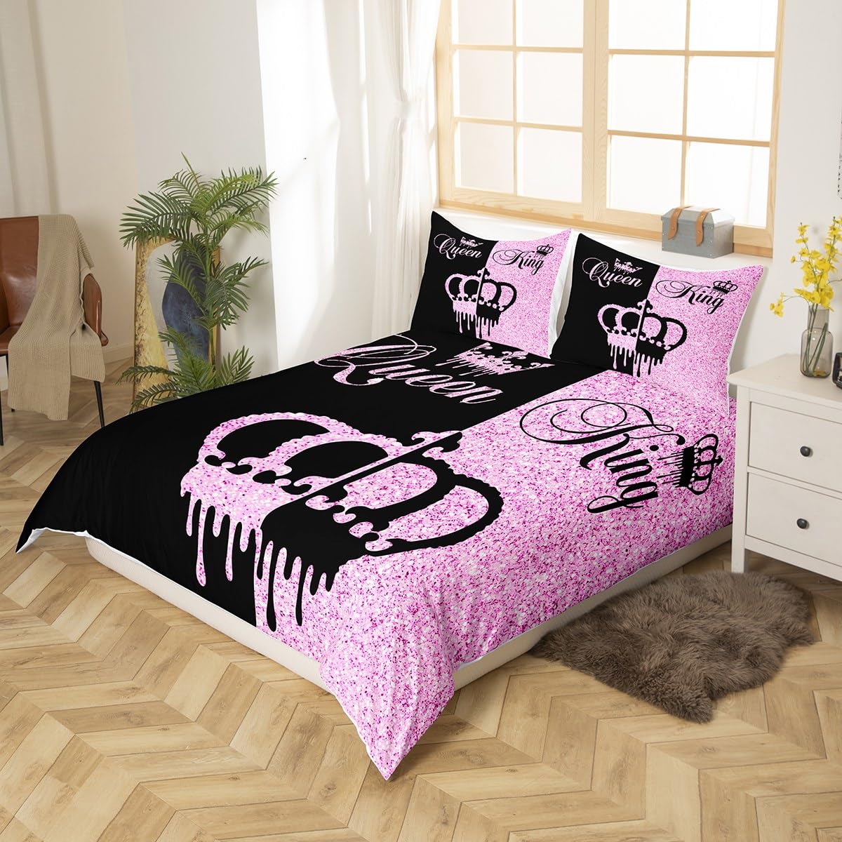 Homemissing Modern King and Queen Crown Duvet Cover King Size Black and Pink Bedding Set Teens Adults Couple Comforter Cover Set 3 Pieces Girls Boys Valentines Day Gifts Bedding (No Glitter) - Image 2