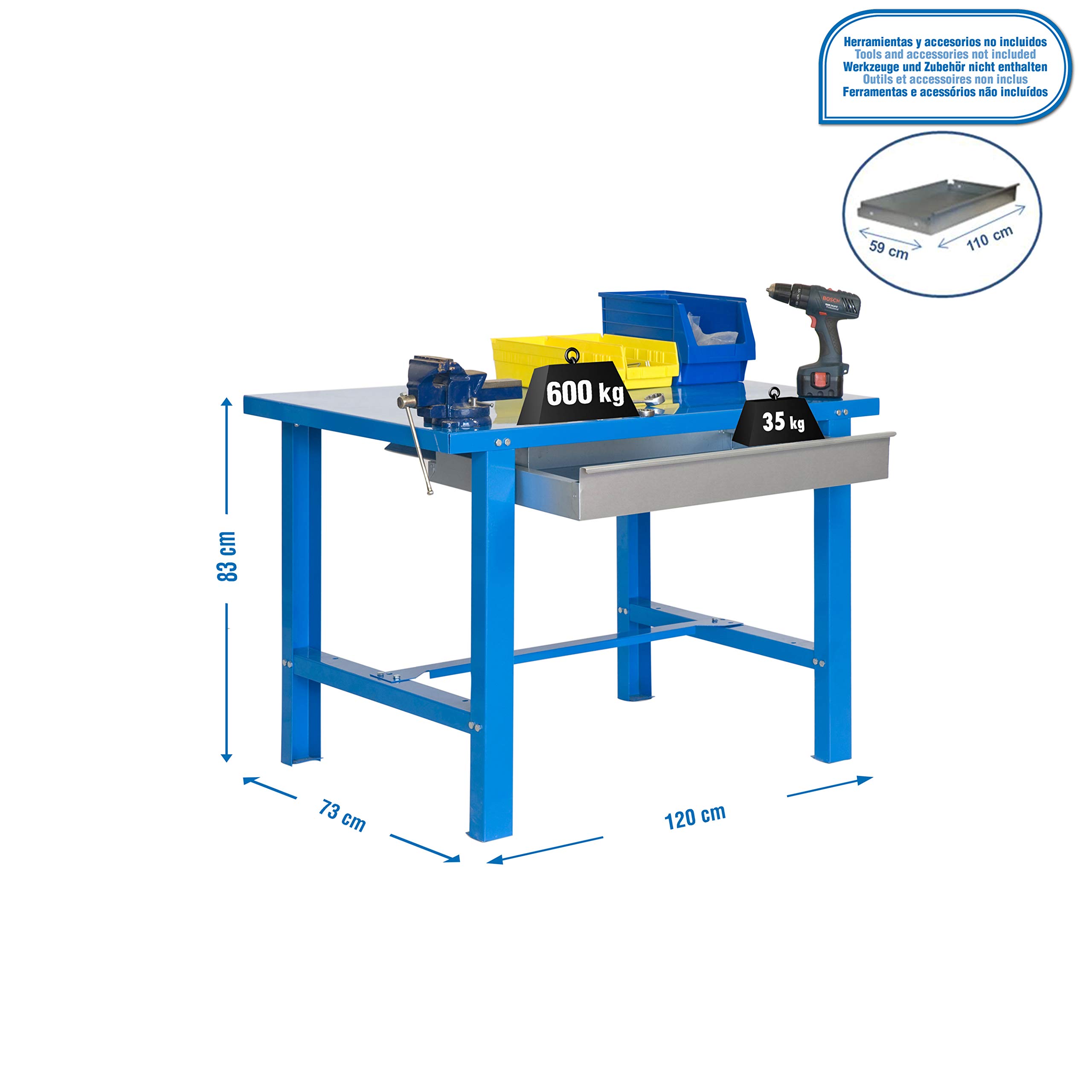 Simon Rack Mesa de Trabajo Taller con cajón 1200x730 mm - BT6 | Tablero Metal, Capacidad Carga 600 kg, Azul, Pintura anticorrosión
