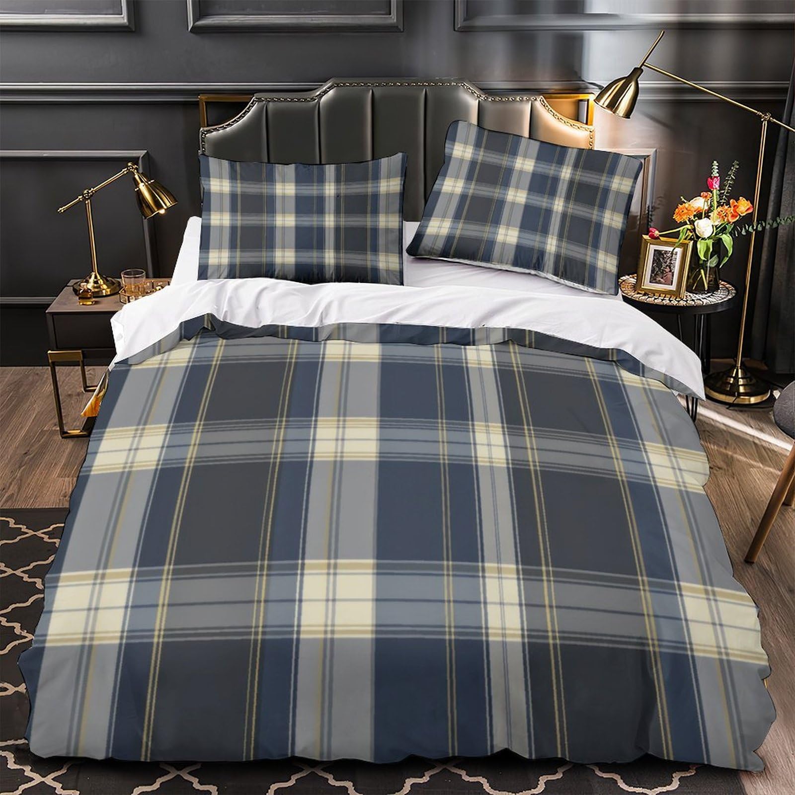 Housse de couette 135x200cm motif carreaux lit 3D imprimé microfibre ultra douce