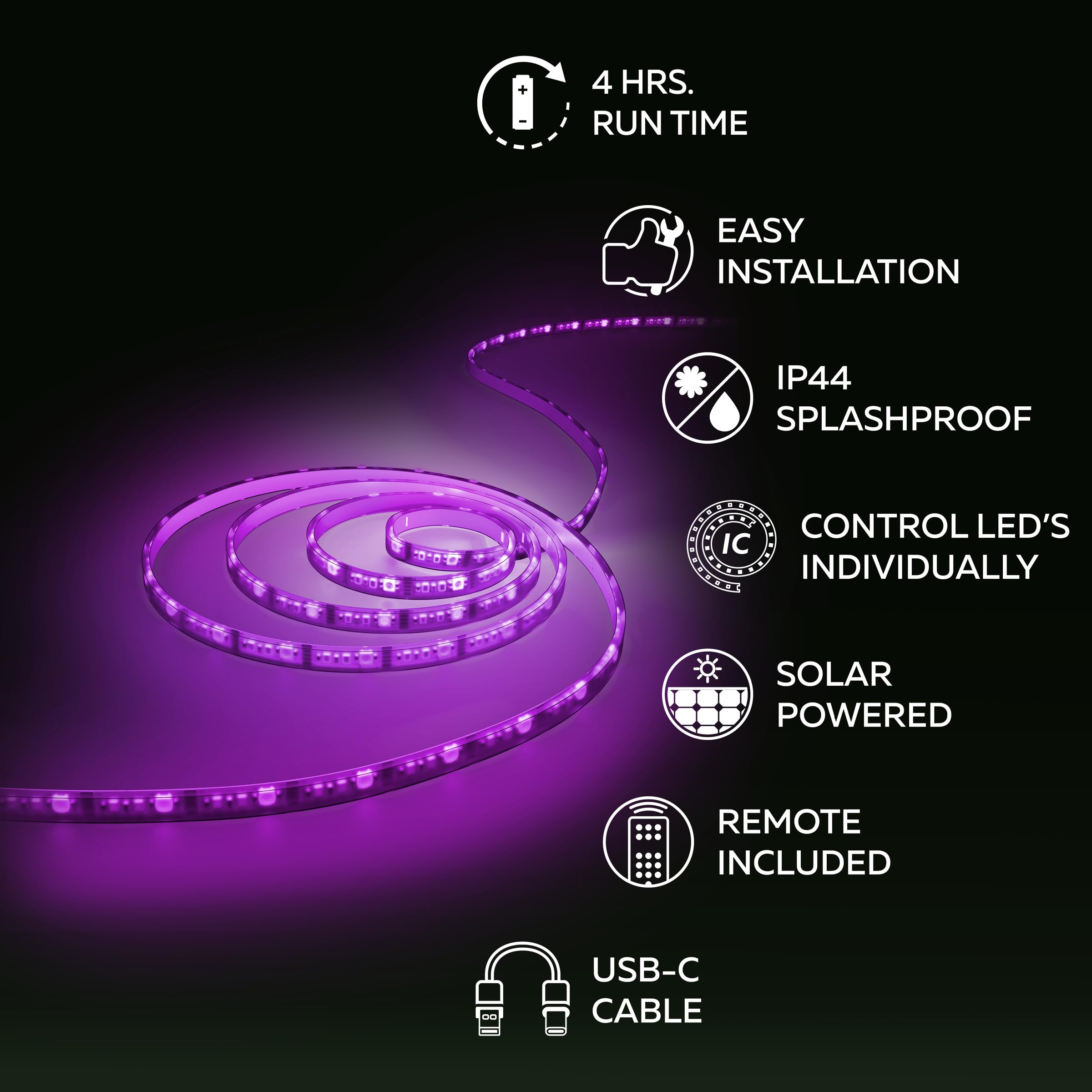 CALEX Vista Tira LED Solar, 3m, RGB y Blanco Cálido, USB-C, pack de 8 | Se recarga con energía solar o mediante USB-C, con un diseño impermeable para vallas y terrazas