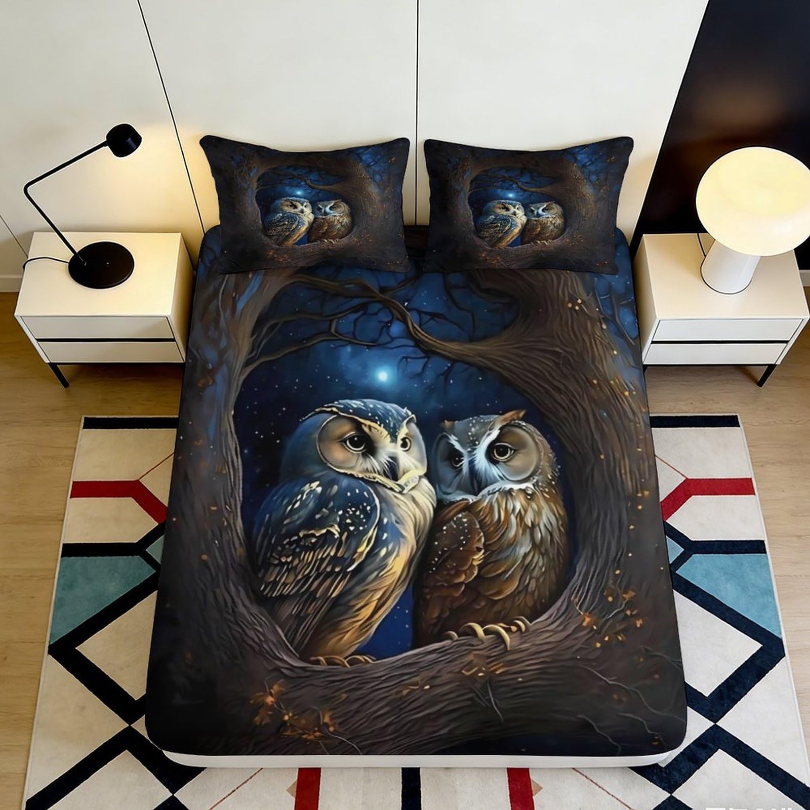 3D Printed Owl Pattern Fitted Sheet Microfiber Deep Pocket Non-Slip Owl Mattress Fitted Cover Full Wrap for Bedroom 90x200x25cm
