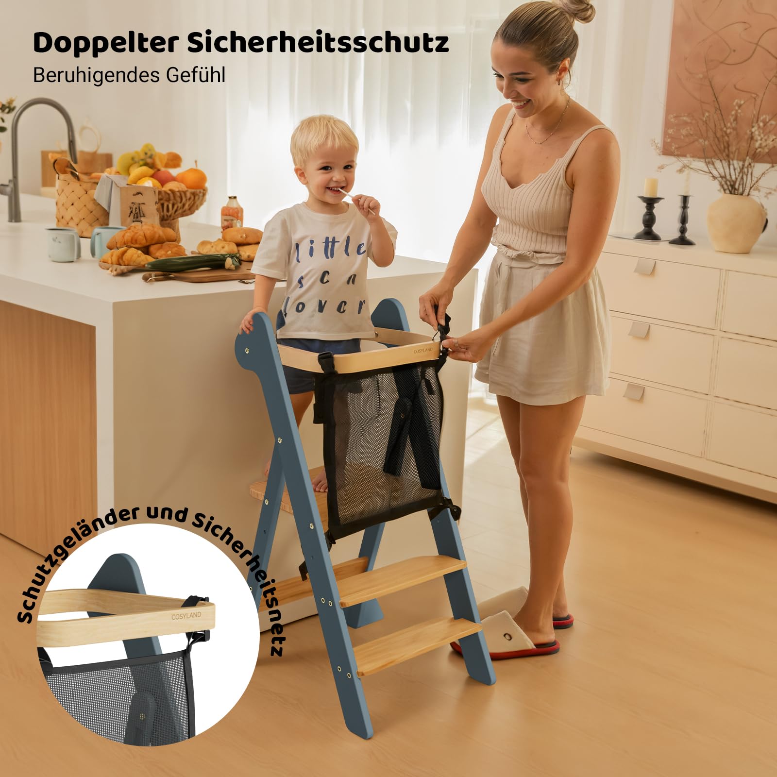 COSYLAND Lernturm ab 1 Jahr klappbar – iF Design Award Gewinner, höhenverstellbarer Lernturm mit Sicherheitsnetz, Montessori Learning Tower/Lernstuhl für Kinder, Holz (Schieferblau & Natur)