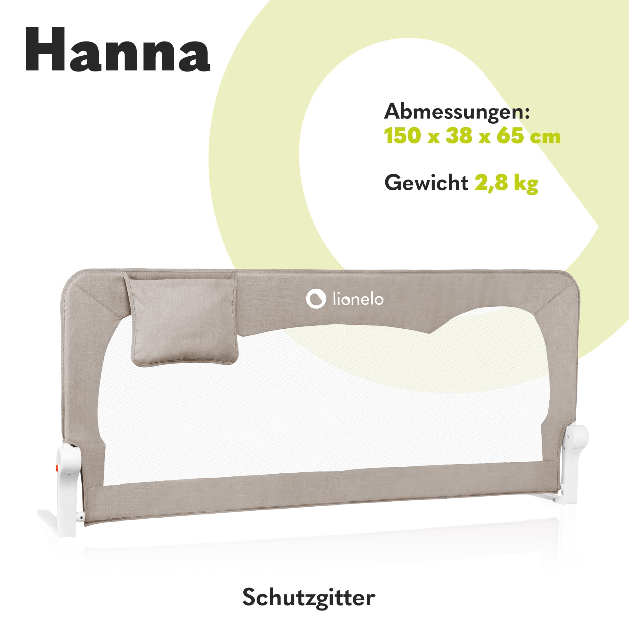 Lionelo Hanna Bettgitter Rausfallschutz 150 cm x 66 cm, zusammenklappbar um 180 Grad, luftiges Netz, einfache Montage, Standsafe-Blockade, SecureBelt, stabile Konstruktion