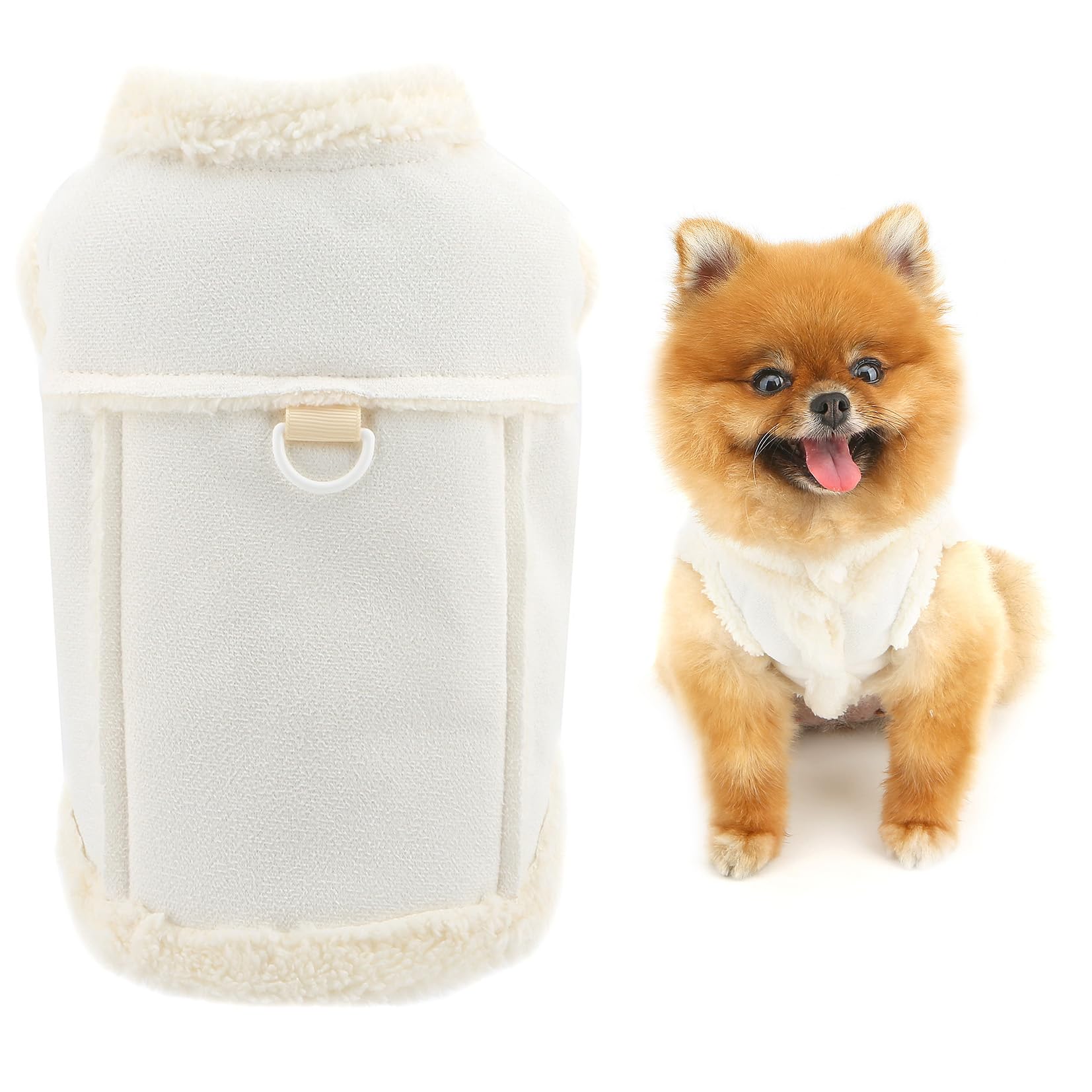 SMALLLEE_LUCKY_STORE Suede Fleece Dog Coat for Small Dogs Soft Harness Jacket with D-Ring Solid Warm Pet Vest Autumn Winter Clothes Fuzzy Collar Puppy Cat Chihuahua Yorkie Outerwear White XL