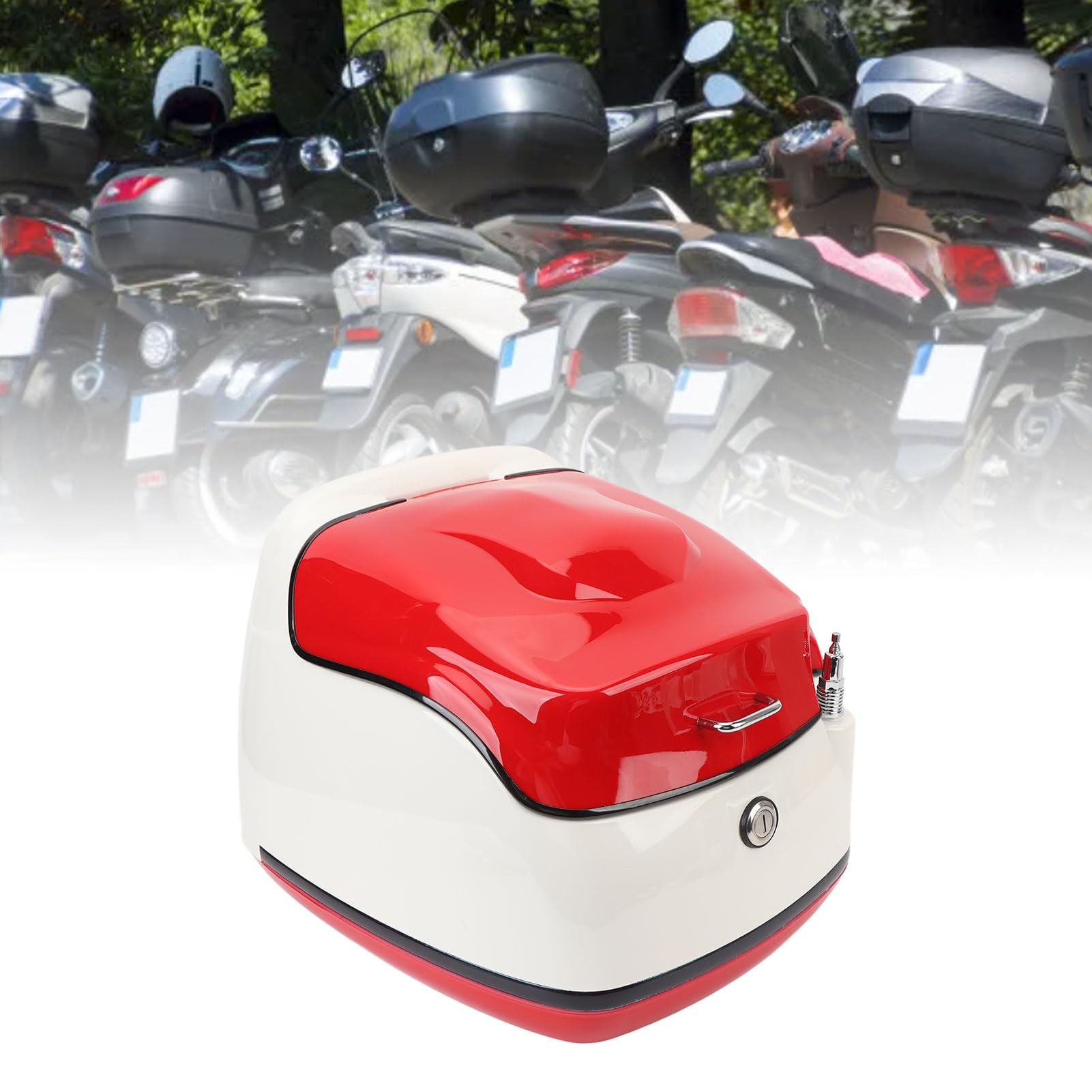 Qqmora Bauletto per Moto da 38 Litri Elegante Contenitore Resistente All'acqua per Scooter e Motociclette Realizzato in Plastica ABS Ad Alta tenacità (Bianco e Rosso)