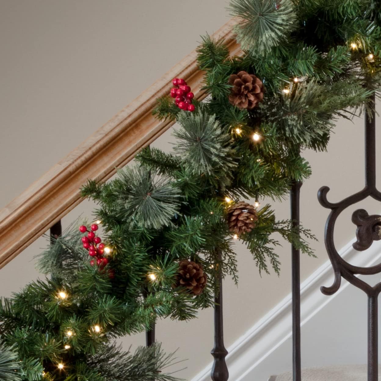 Haute Decor Classic Christmas Garland with Timed Warm White LED Lights, Red Berries, Real Pinecones (9 Foot)