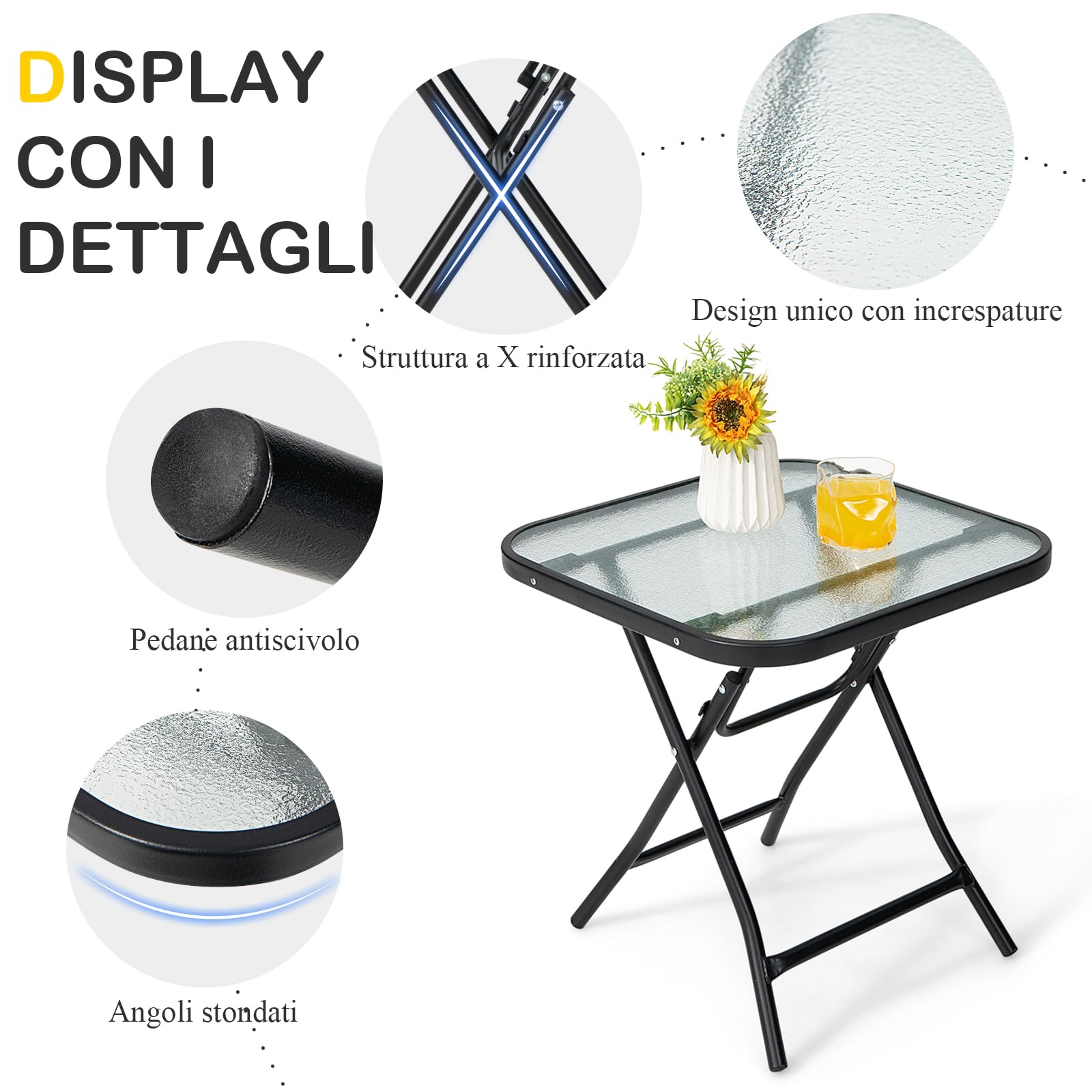 GYMAX Tavolo Quadrato da Giardino Pieghevole, Tavolino da Caffè in Vetro e Telaio in Metallo, Piano in Vetro Temperato, Tavolo da Esterno per Cortile Giardino Balcone