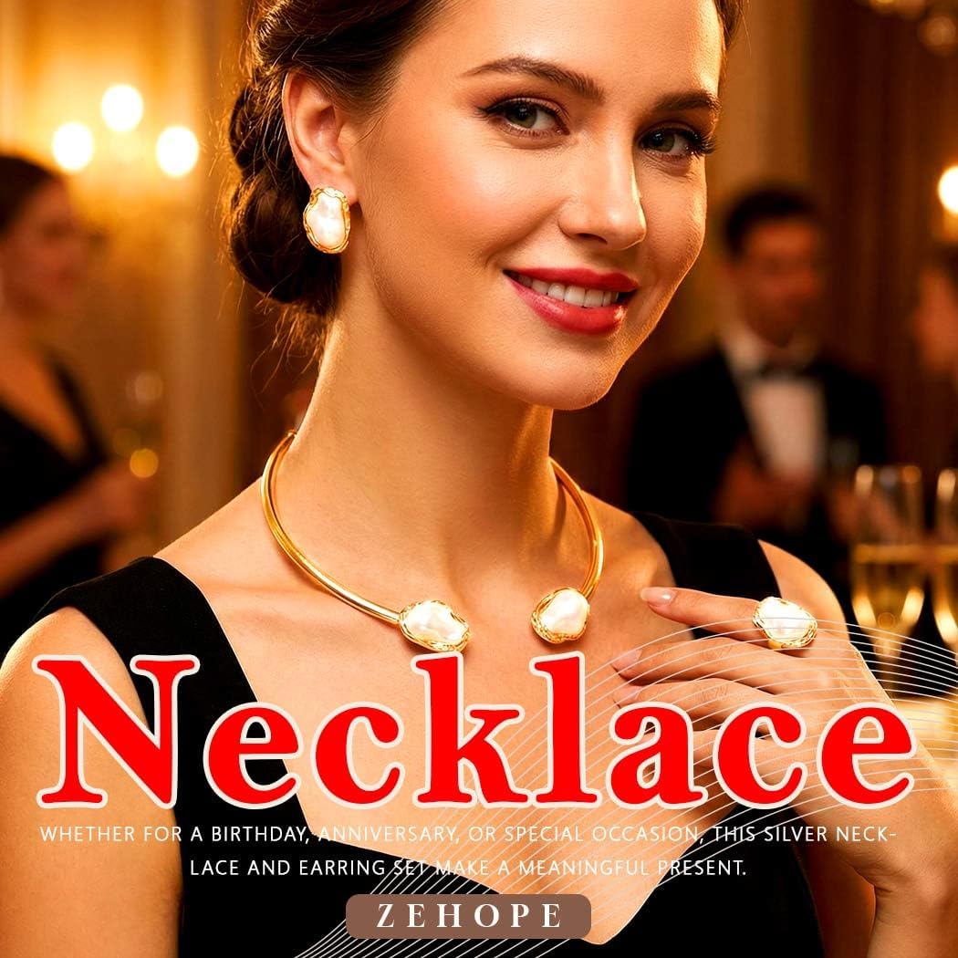 Baroque Pearl Choker Neckalce Set Irregular Pearl Jewelry Set Trendy Neckacles Earring Ring Sets for Women - Image 3