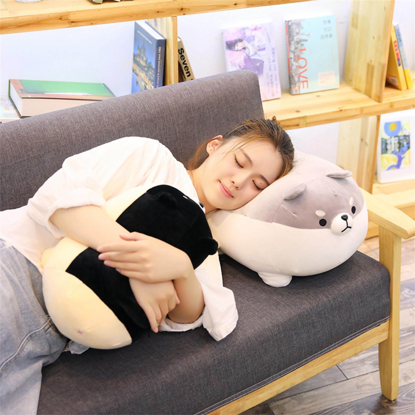 Plüschtiere, Shiba Inu Kissen Plüsch, Plüschkissen, molliges Tierspielzeug, süßes bequemes Puppenkissen, Hundekörperkissen(Black,40CM)
