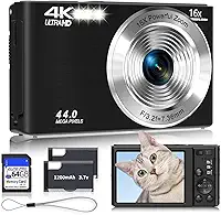 Câmera digital 4K, câmeras pretas de atualização para adolescentes, câmera digital de foco automático para crianças com zoom de 16X, cartão SD de 64 GB, câmera pequena compacta para meninos, meninas