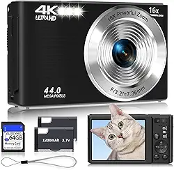 Câmera digital 4K, câmeras pretas de atualização para adolescentes, câmera digital de foco automático para crianças com zoom de 16X, cartão SD de 64 GB, câmera pequena compacta para meninos, meninas