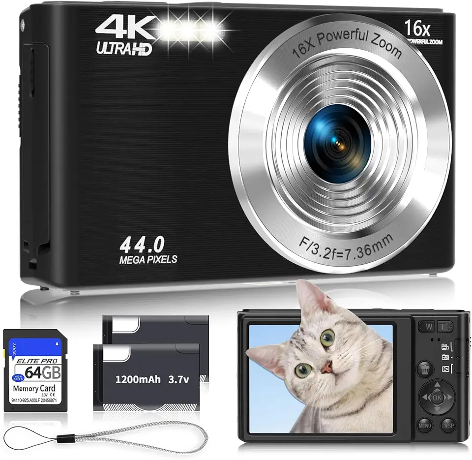 Câmera digital 4K, câmeras pretas de atualização para adolescentes, câmera digital de foco automático para crianças com zoom de 16X, cartão SD de 64 GB, câmera pequena compacta para meninos, meninas