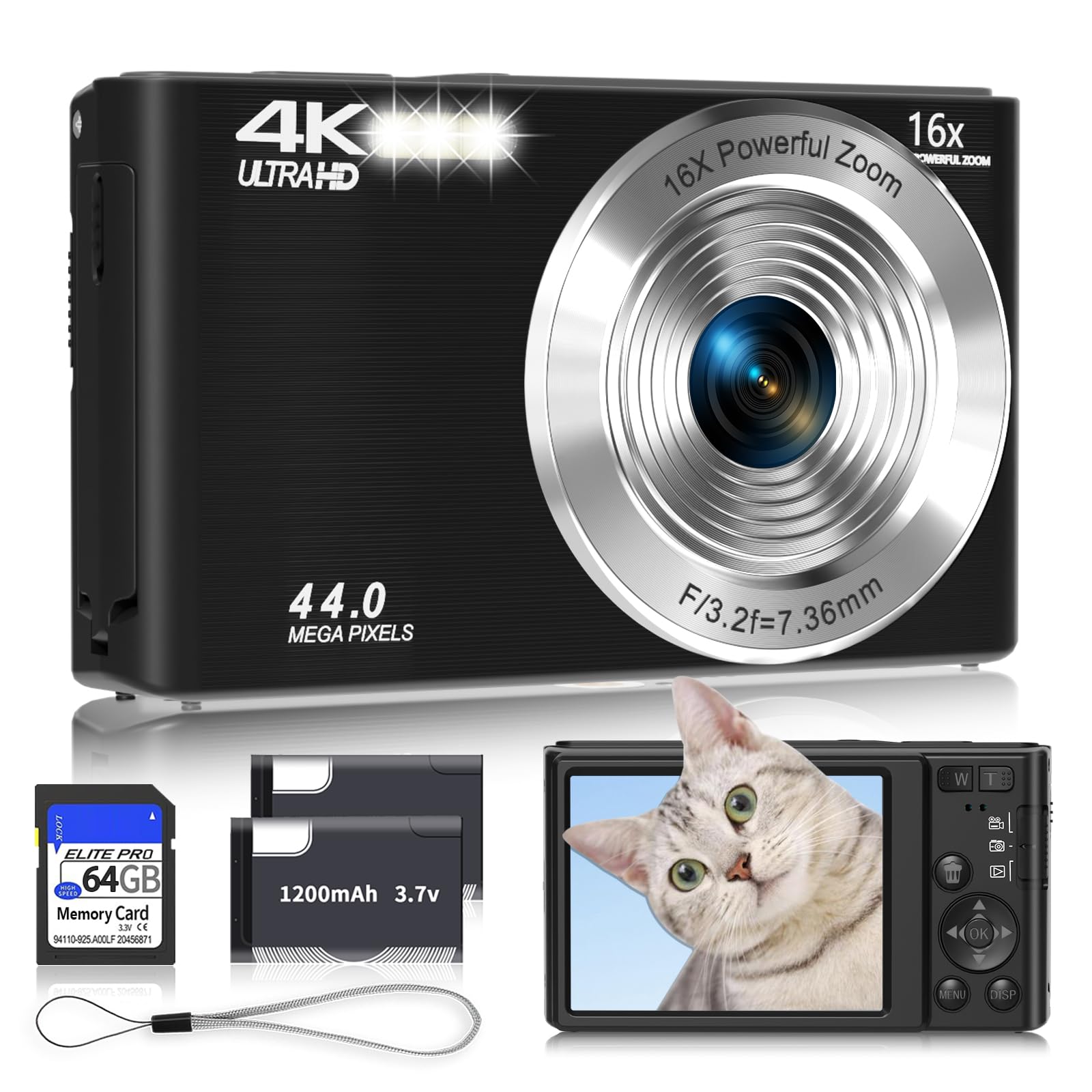 Digital Camera 4K, Upgrade Black Cameras for Teens, Autofocus Digital Point and Shoot Camera for Kids with 16X Zoom, 64GB SD Card, Compact Small Camera for Boys Girls Teens Kids Gift