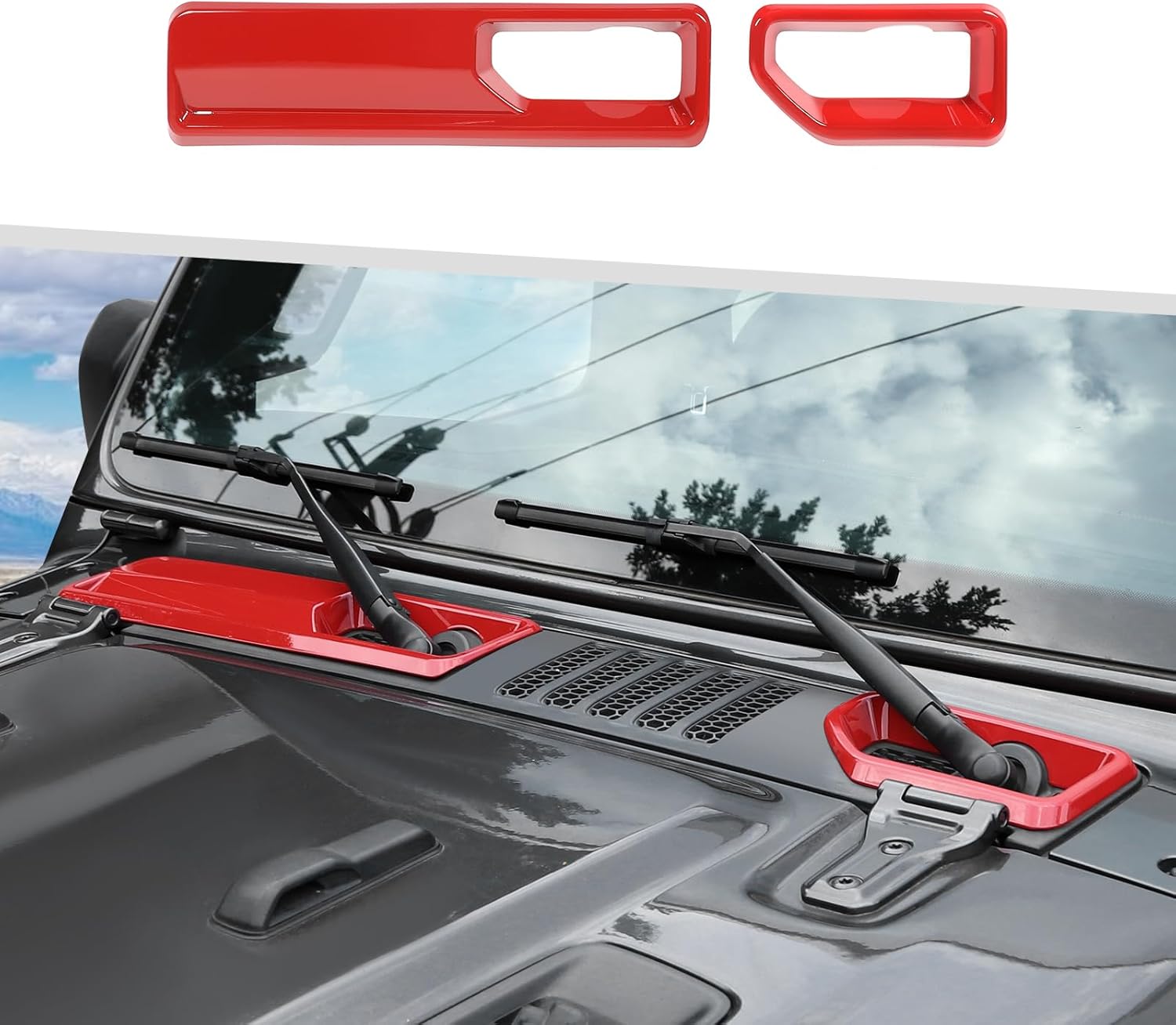 Jimen Fit for Jeep Wrangler JL JLU & Gladiator JT 2018-2025, 2PCS Front Windshield Wiper Base Cover Trim Panel (Red)