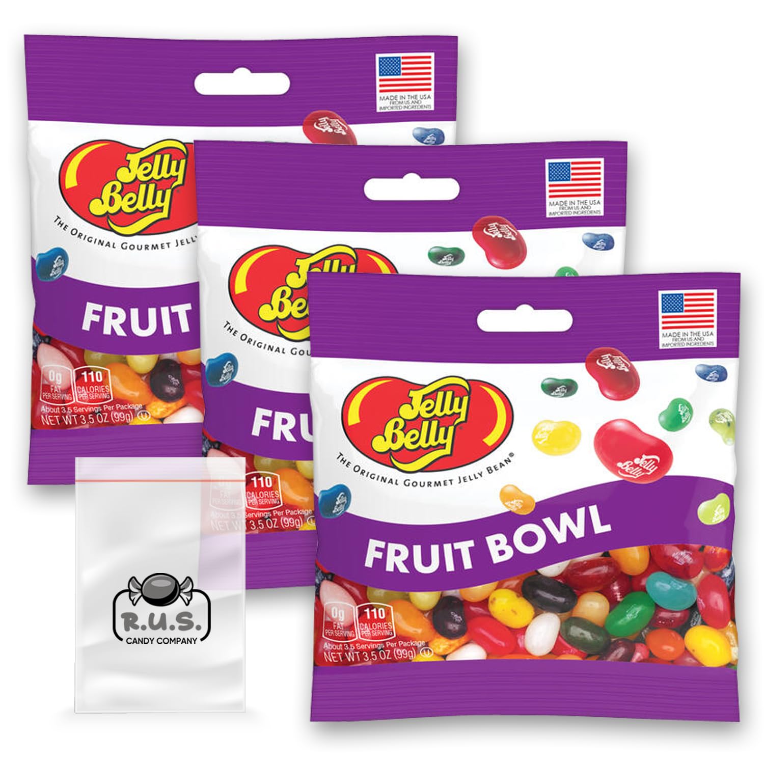 Jelly Belly Fruit Bowl Mix Jelly Beans- 3 Pack- 3.5 oz each, Fruity Jelly Beans- Juicy Burst of Summer in Every Bite! Perfect Candy Treat for Refreshing Snacking, comes with 1 R.U.S. Candy Company pocket size travel bag (Fruit Bowl)