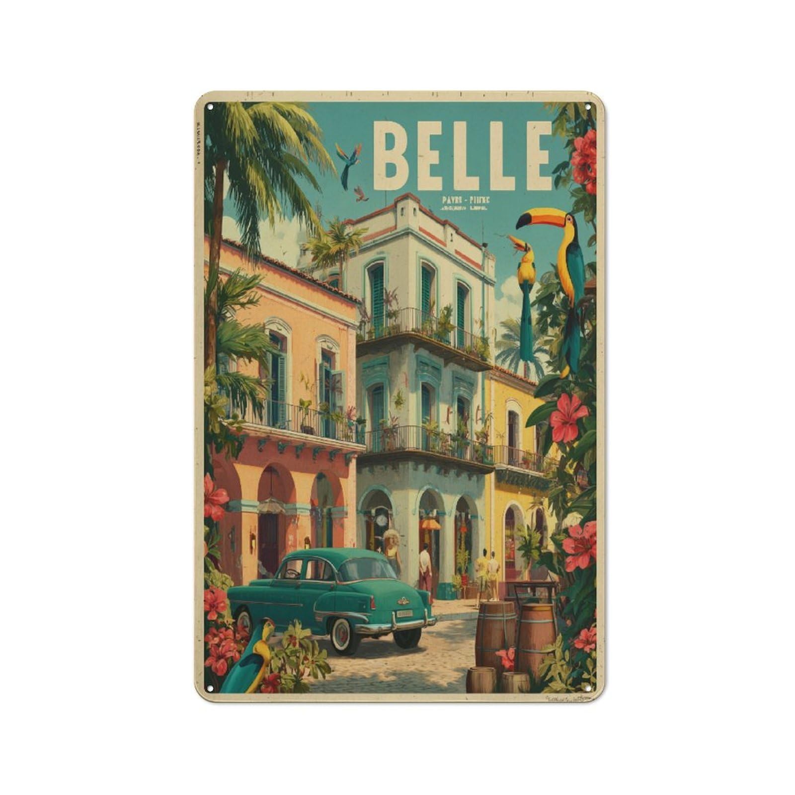 Junmoney Belle A Tropical Escape Rustic Tin Sign 30X20cm, Vintage Porch Wall Decor For Conservatory, Home Bar Or Utility Room