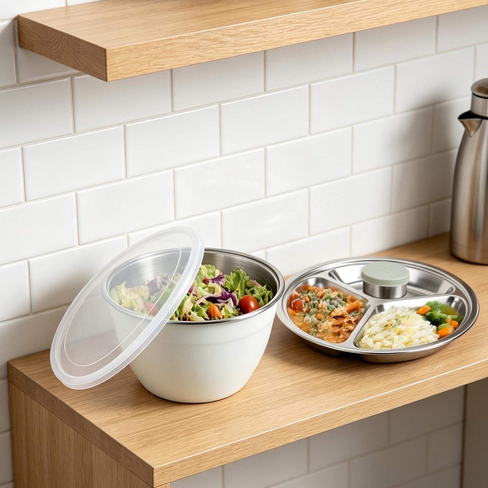 Salatschüssel-Set, Edelstahl-Rührschüssel mit Deckel und abnehmbarem Tablett, für Zuhause, Küche, Esszimmer, Mahlzeitvorbereitung, Picknicks im Freien, Partys, inklusive Kanister