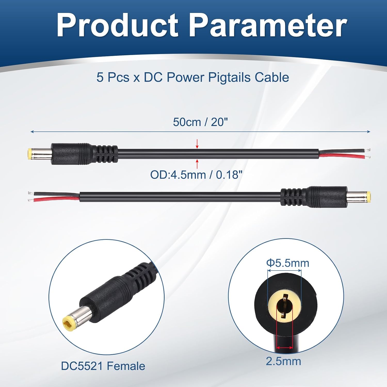 MECCANIXITY 5pcs DC Power Pigtails Cable, 5.5mm x 2.5mm Male Barrel Plug Connector to Bare Wire Open End 50cm for PC Laptop Toys Cellphone Electronic Device