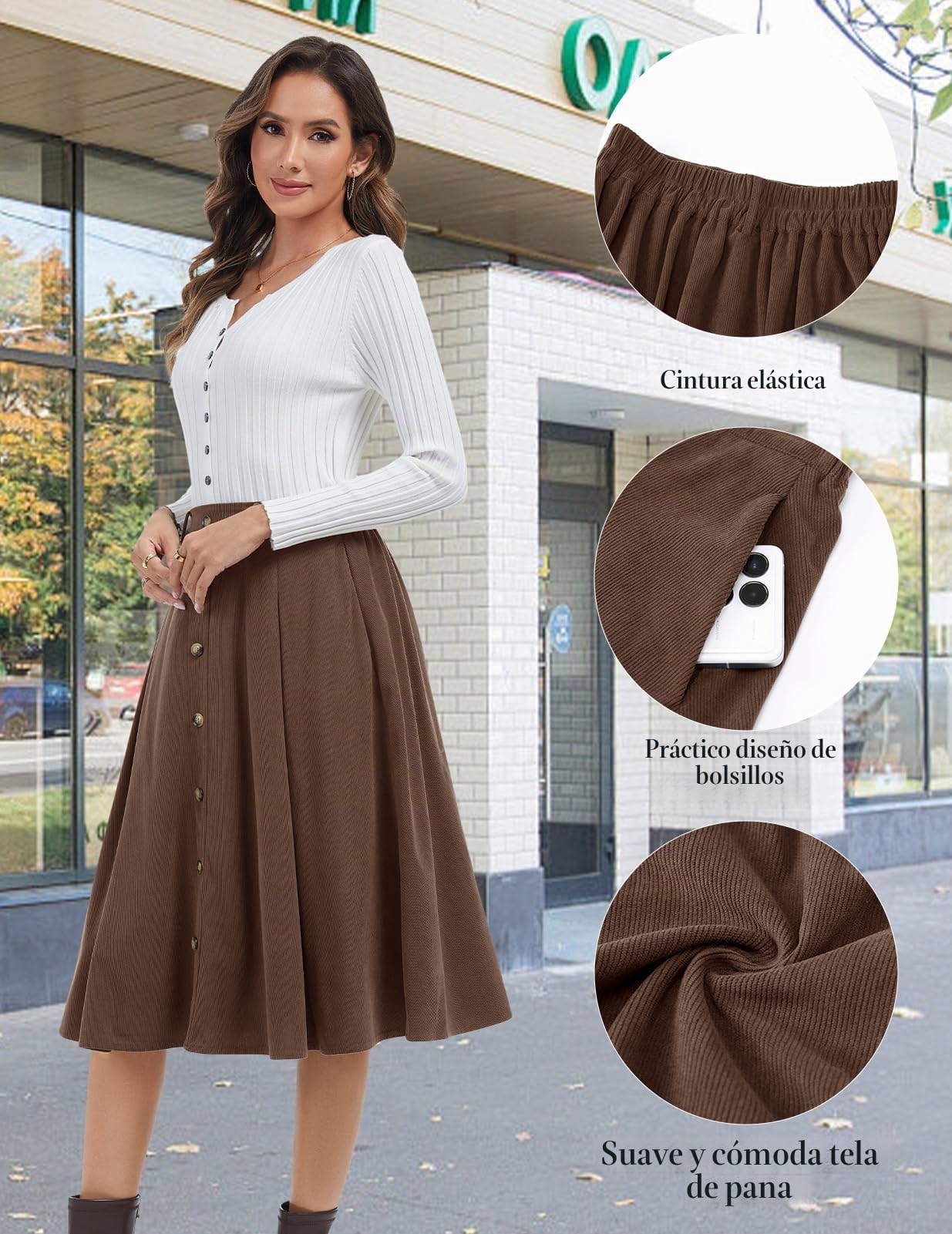 Bbonlinedress Falda midi de pana para mujer, cintura alta, longitud al té, falda para otoño e invierno