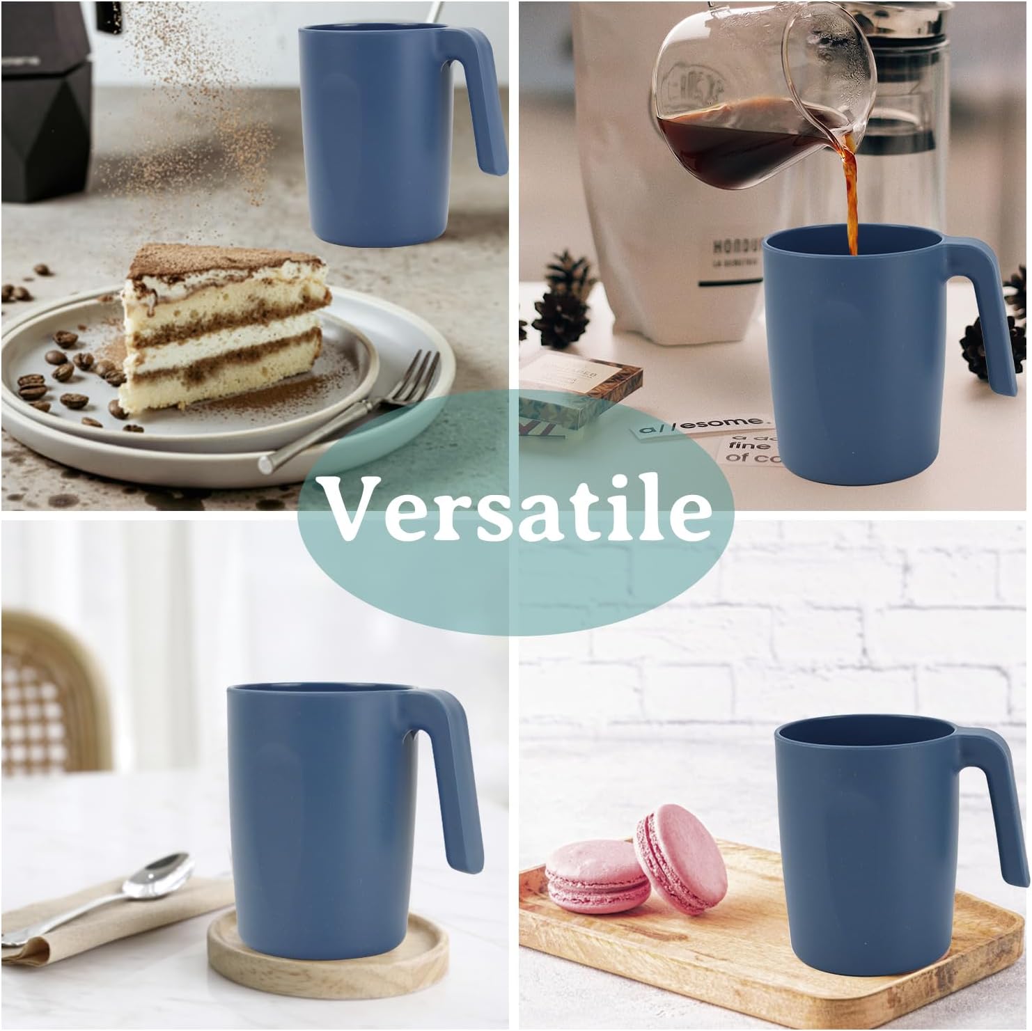 Wrova 16oz Wheat Straw Cups with handles set of 6-Plastic Cups Reusable-Unbreakable Kids Mugs-Dishwasher Safe & Microwave Safe-Ideal Plastic Mugs for Tea,Coffee,Camping,RV-Navy Blue - Image 4