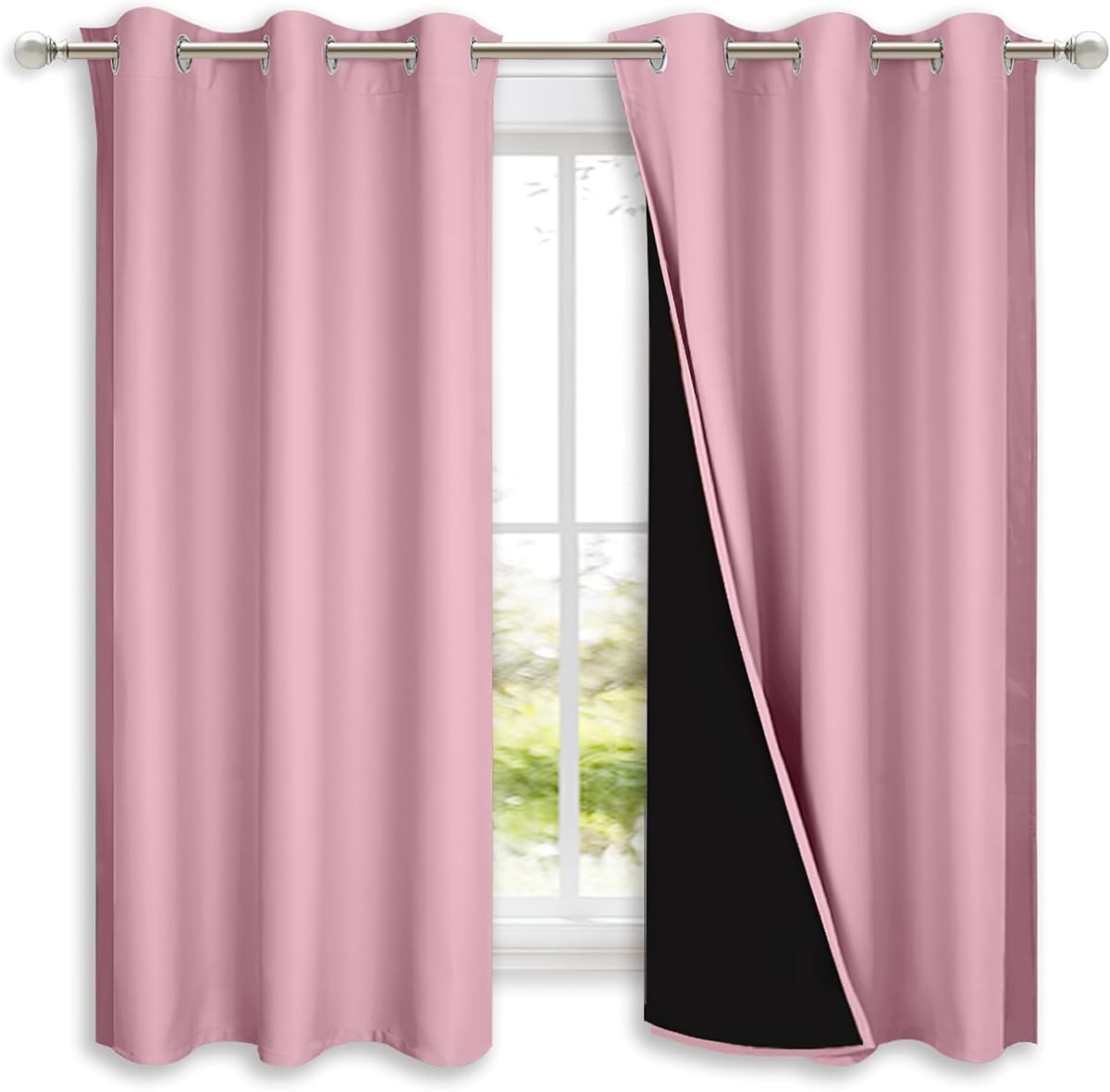 NICETOWN 100% Blackout Curtains with Black Liners, Solid Thermal Insulated Full Blackout 2-Layer Lined Drapes, Energy Efficiency Window Draperies for Bedroom (2 Panels, 42" W by 63" L, Crystal Pink)
