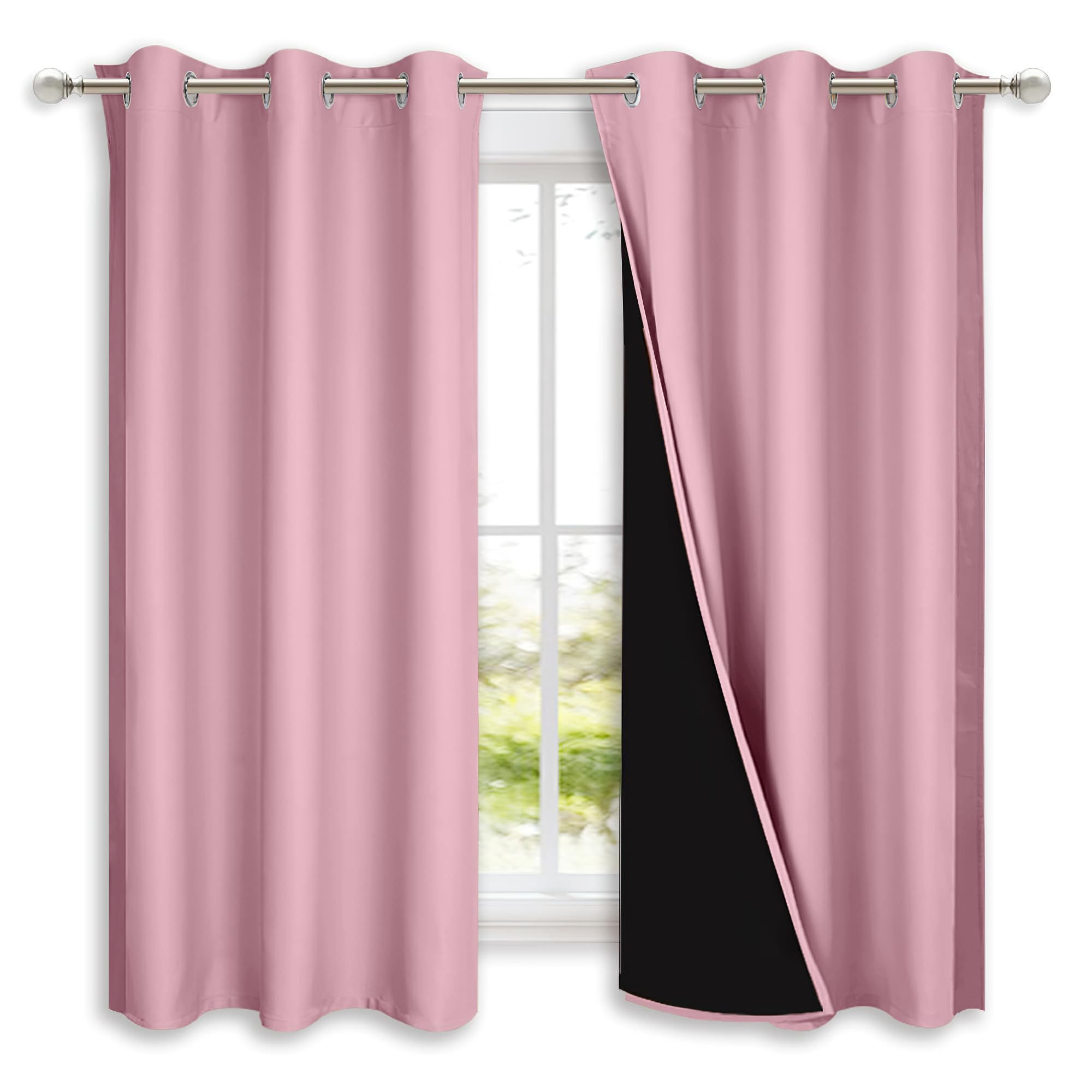 NICETOWN 100% Blackout Curtains with Black Liners, Solid Thermal Insulated Full Blackout 2-Layer Lined Drapes, Energy Efficiency Window Draperies for Bedroom (2 Panels, 42" W by 63" L, Crystal Pink)