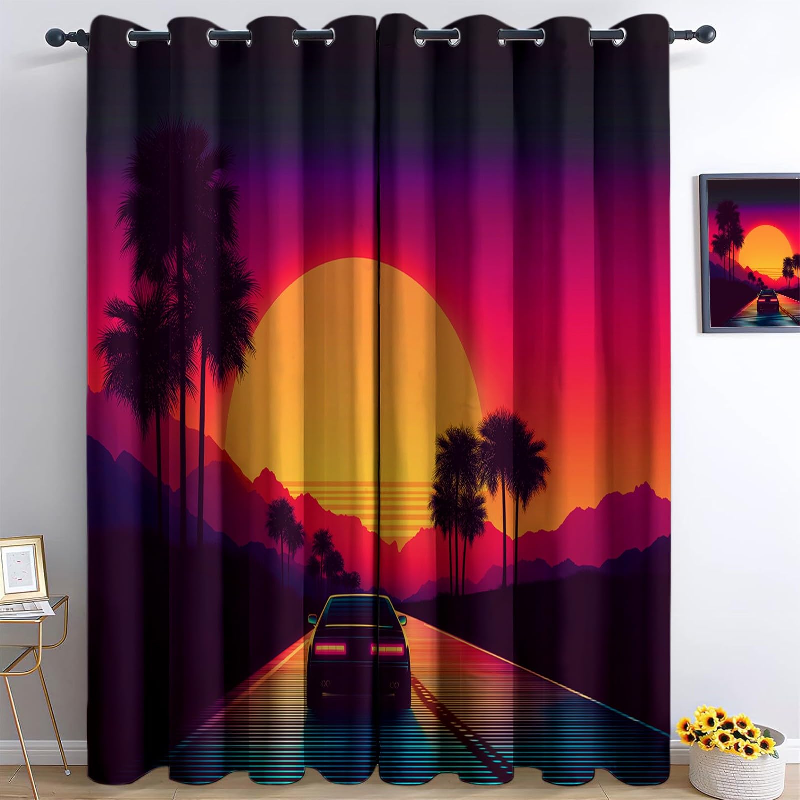 Blackout Curtains Retro Sunset Mountains Car Palm Trees Orange Color Opaque Curtain, Print Eyelet Thermal Insulated Window Drapes for Living Room Children's Bedroom 55” W x 102” L 2 Panels — image 1
