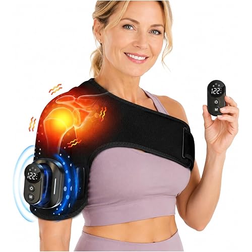 Shoulder Heating Pad with Massager, Shoulders Massager with Heat, Portable Shoulder Brace with Magnetic Detachable Remote Control, 5 Heat & 5 Vibration Modes, Adjustable Size for Men and Women