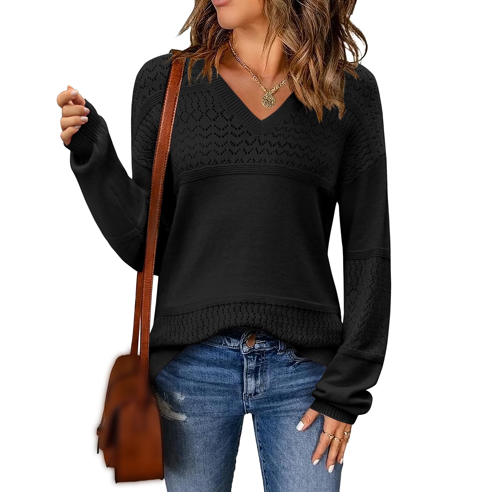 Womens Fall Sweaters Casual Cable Knit Long Sleeve Pullover Lightweight Crochet Sweater Top Dressy V Neck Blouses