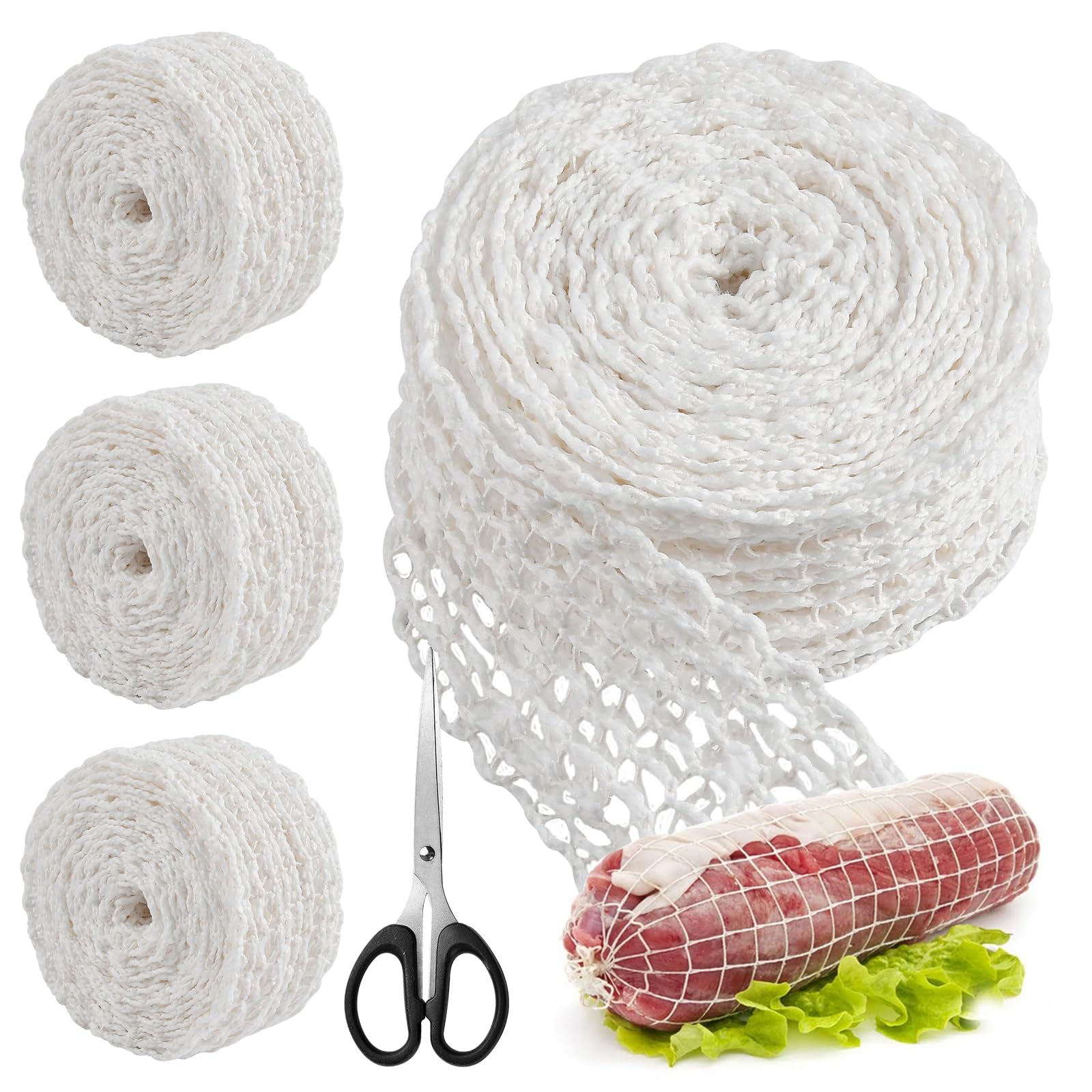 Milkary 4 Rolls 5m Meat Netting Roll, Size 18 Elastic Ham Sock Netting with Scissor, Smoked Meat Poultry Ham Netting, Butchers Twine for Meat Cooking Meat Ham Sausage Making