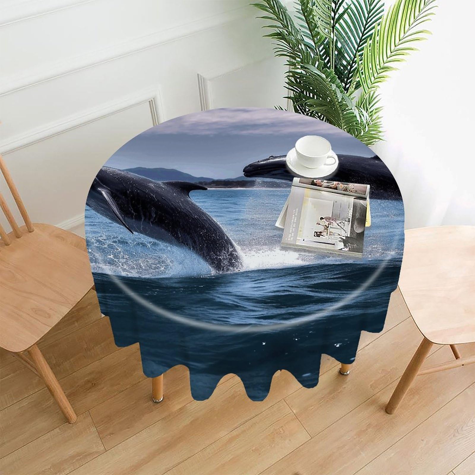 LZQPOEAS Jumping Whales Tablecloth Decorative Round Table Cloth Wrinkle Resistant Round Tablecloth Washable Circle Table Cover for Kitchen Dining Party Wedding Camping 60 Inch