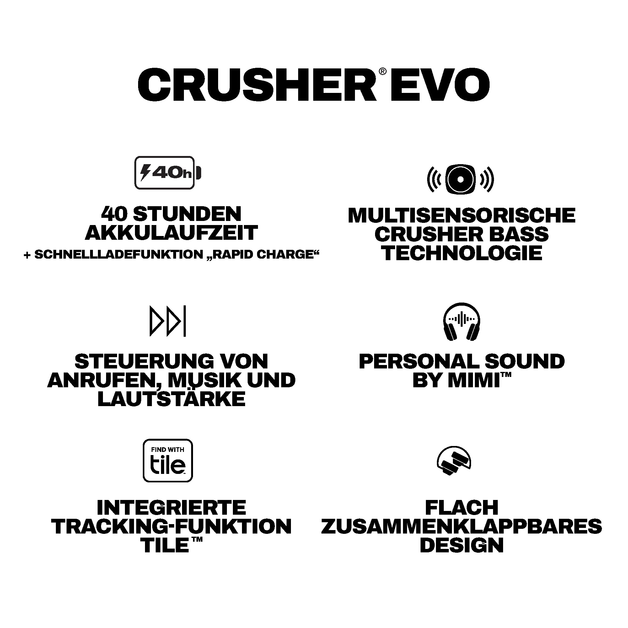 Skullcandy Crusher Evo Wireless Bluetooth-Kopfhörer mit zusätzlichem USB-C-Ladekabel, multisensorischem Bass, schallisolierender Over-Ear-Passform, 40 Stunden Akkulaufzeit - Schwarz
