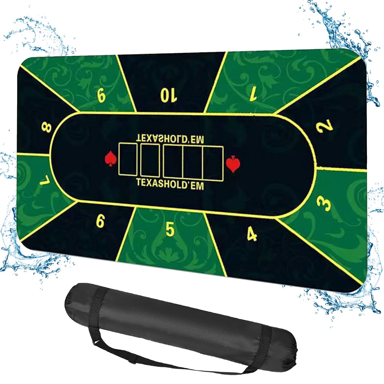Tappetino da poker, 180 x 90 cm, 10 giocatori Texas Hold'em Poker, in gomma, topper per tavoli, portatile, per giocare a carte, PokerGames, Blackjack, Casinò, con borsa per il trasporto