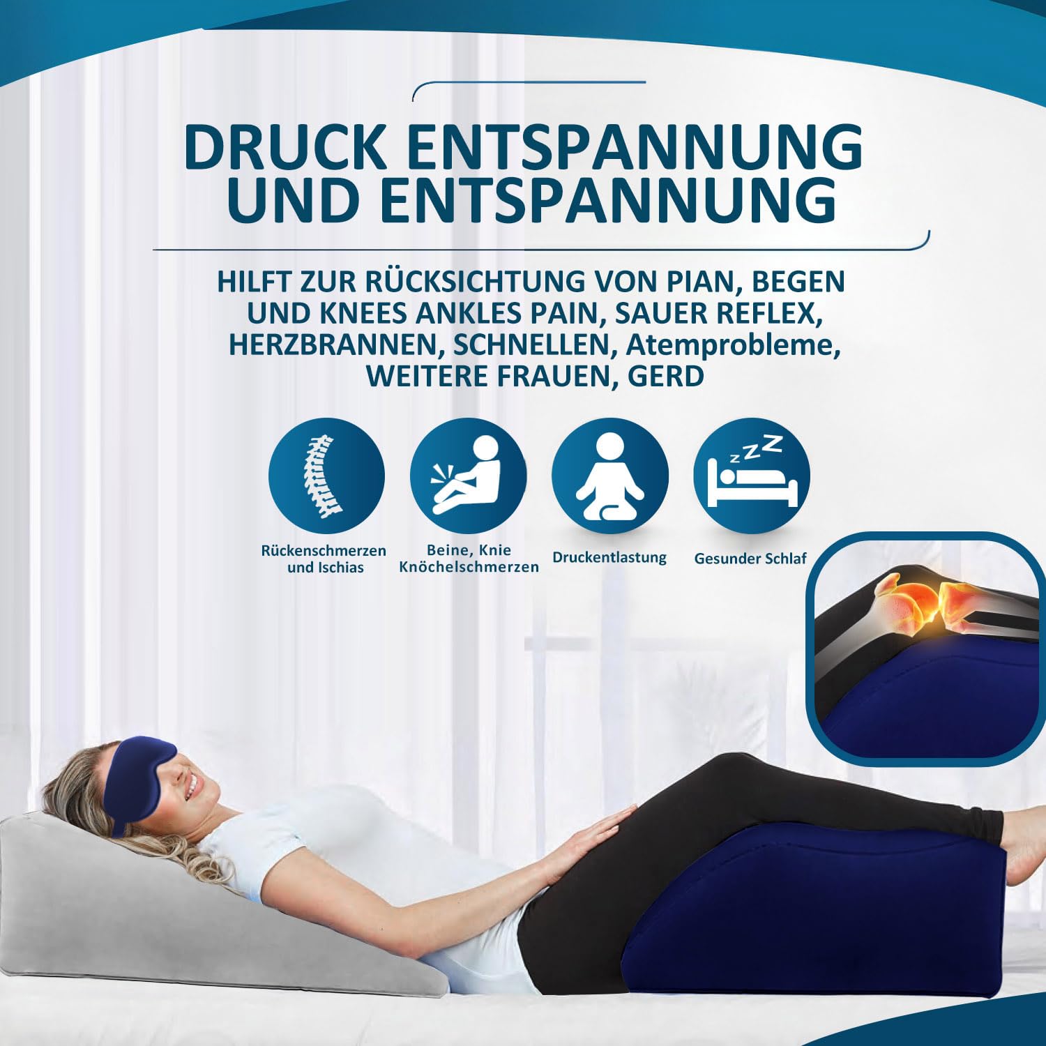 LuxoCare Cuscino Gonfiabile per Gambe - Cuscino a Cuneo con Mascherina per Dormire per Dormire Migliora il Sonno e Circolazione per Amanti dello Sport, Viaggiatorie e Stanchezza alle Gambe (Blu)