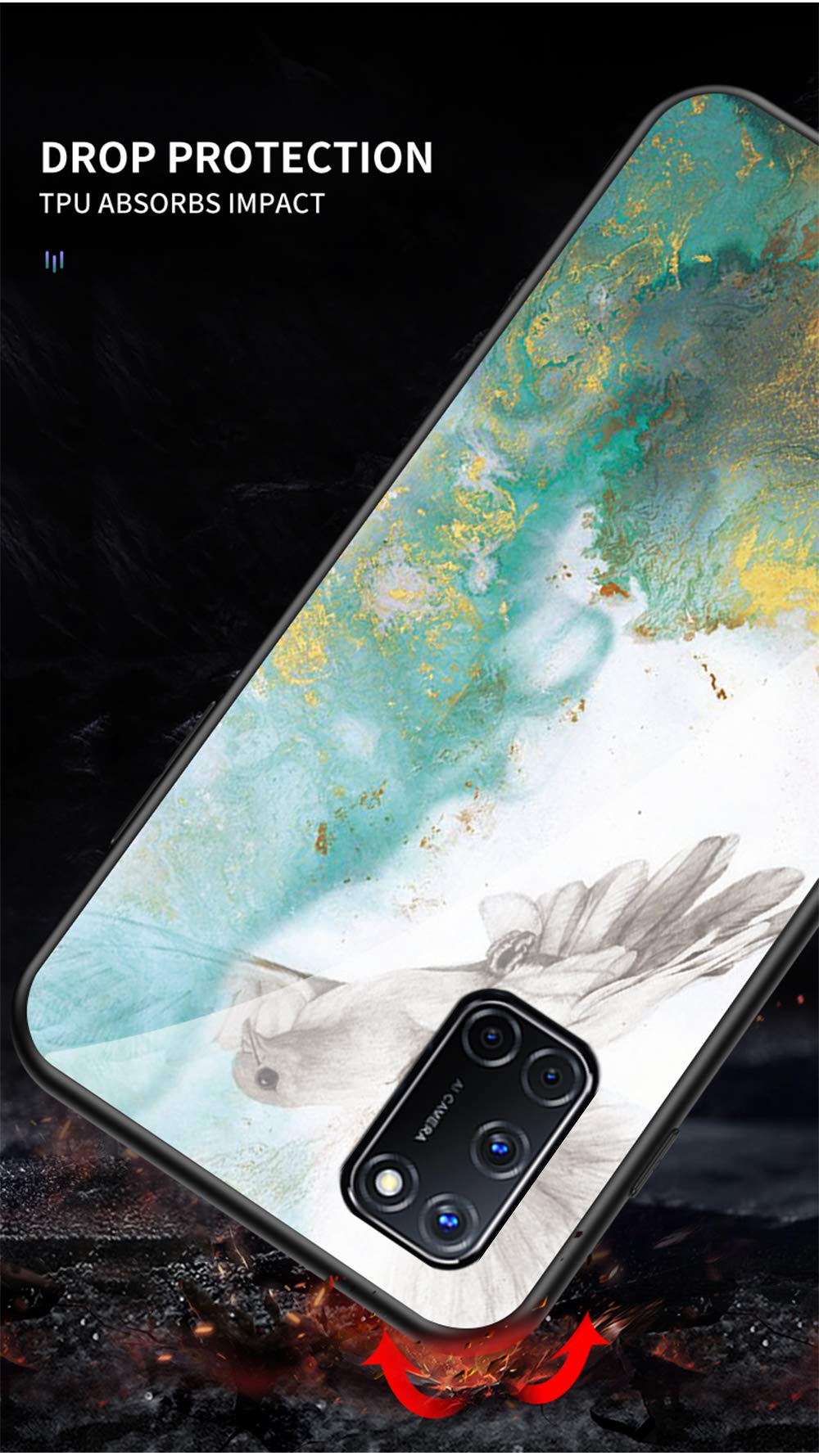 Custodia Sottile Effetto Marmo Bianco Per Oppo A52, Cover In Vetro Temperato Con Bordo TPU - 6