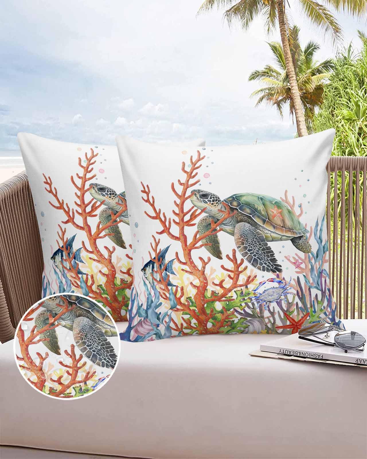 Boanket Outdoor Pillow Covers 20 x 20 Inches, Sea Turtle Waterproof Throw Pillow Cover Set of 2, Colorful Coastal Coral Nautical Ocean Home Decorative Square Cushion Covers for Patio/Tent/Couch/Garden