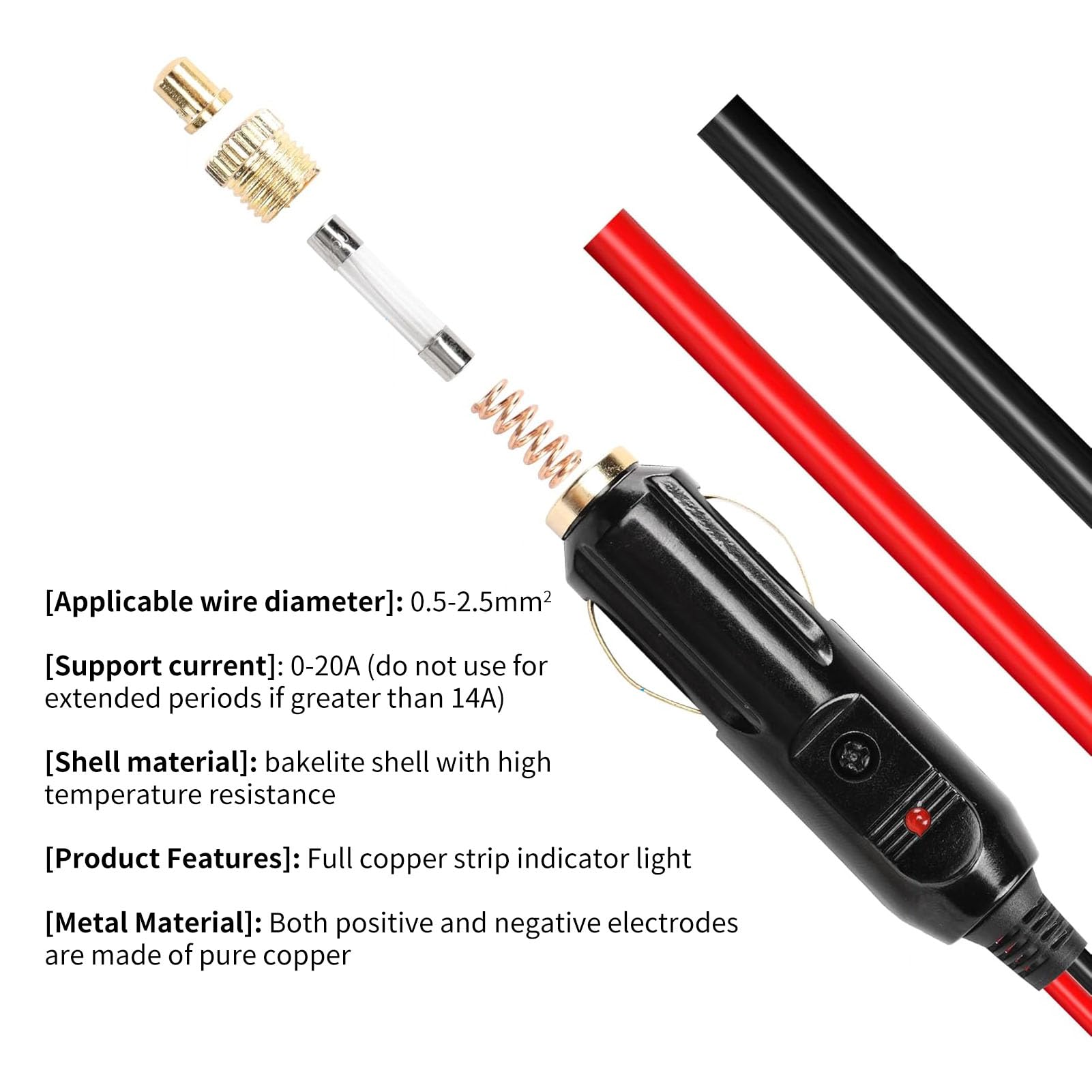 Zigarettenanzünder-Steckerkabel 12V mit 20A Sicherung, 2m Kabel, verzinnter Enddraht, KFZ Stecker für Zigarettenanzünder, Ersatz-Stecker mit Überlast- und Kurzschlussschutz - 4