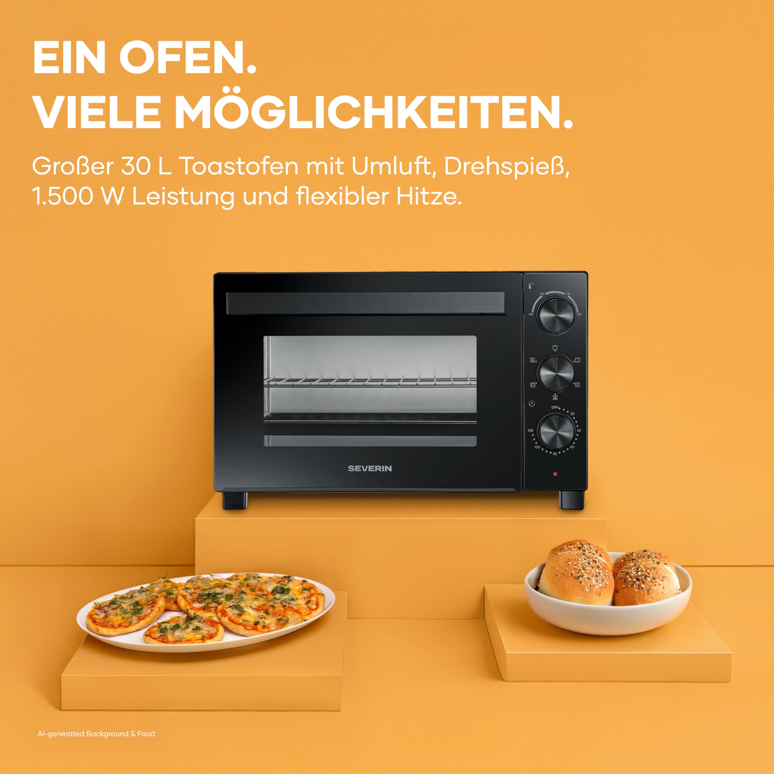 Severin Back- und Toastofen mit Umluftfunktion, inkl. Drehspieß für Fleisch, vielseitiger Heißluftofen mit 30 L Kapazität, Aufbackofen, 100-230 °C, Timer 120 Min., 1600 W, schwarz, TO 9020