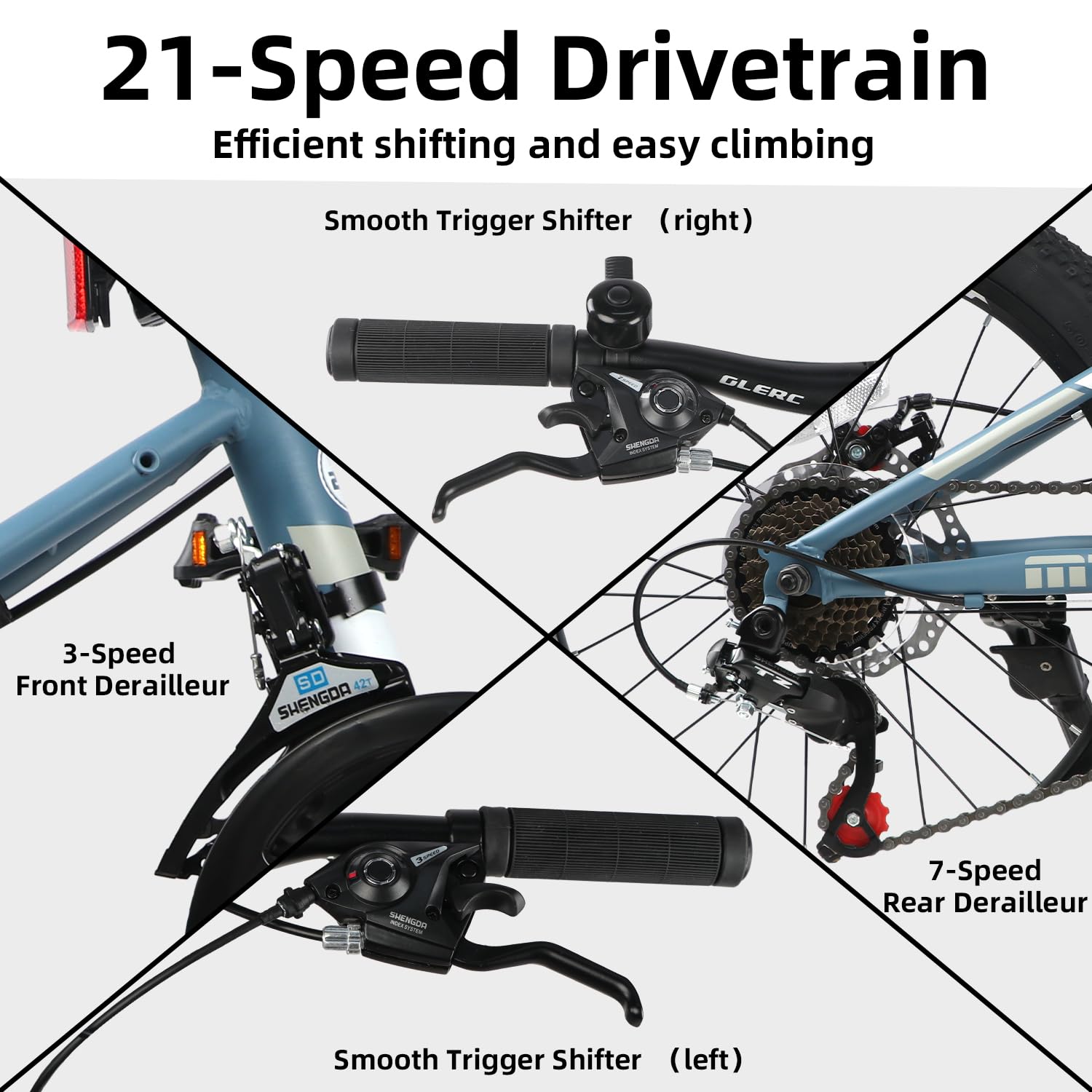 Glerc Skyline rower górski dla chłopców i dziewczynek, 20", dla dzieci 6, 7, 8, 9, 10, 11, 12 lat, 21 biegów, rower z zawieszeniem przednim, niebieski